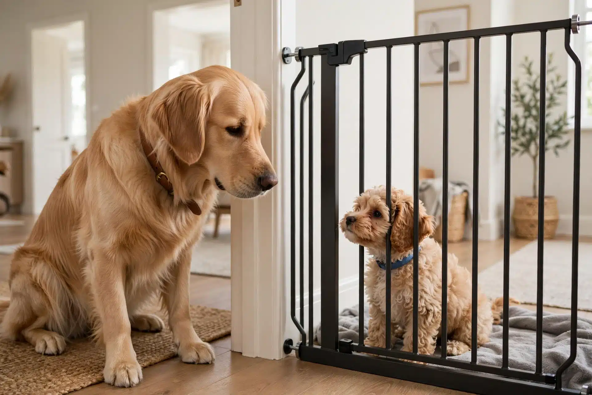 Golden retriever meeting Cavapoo through baby gate