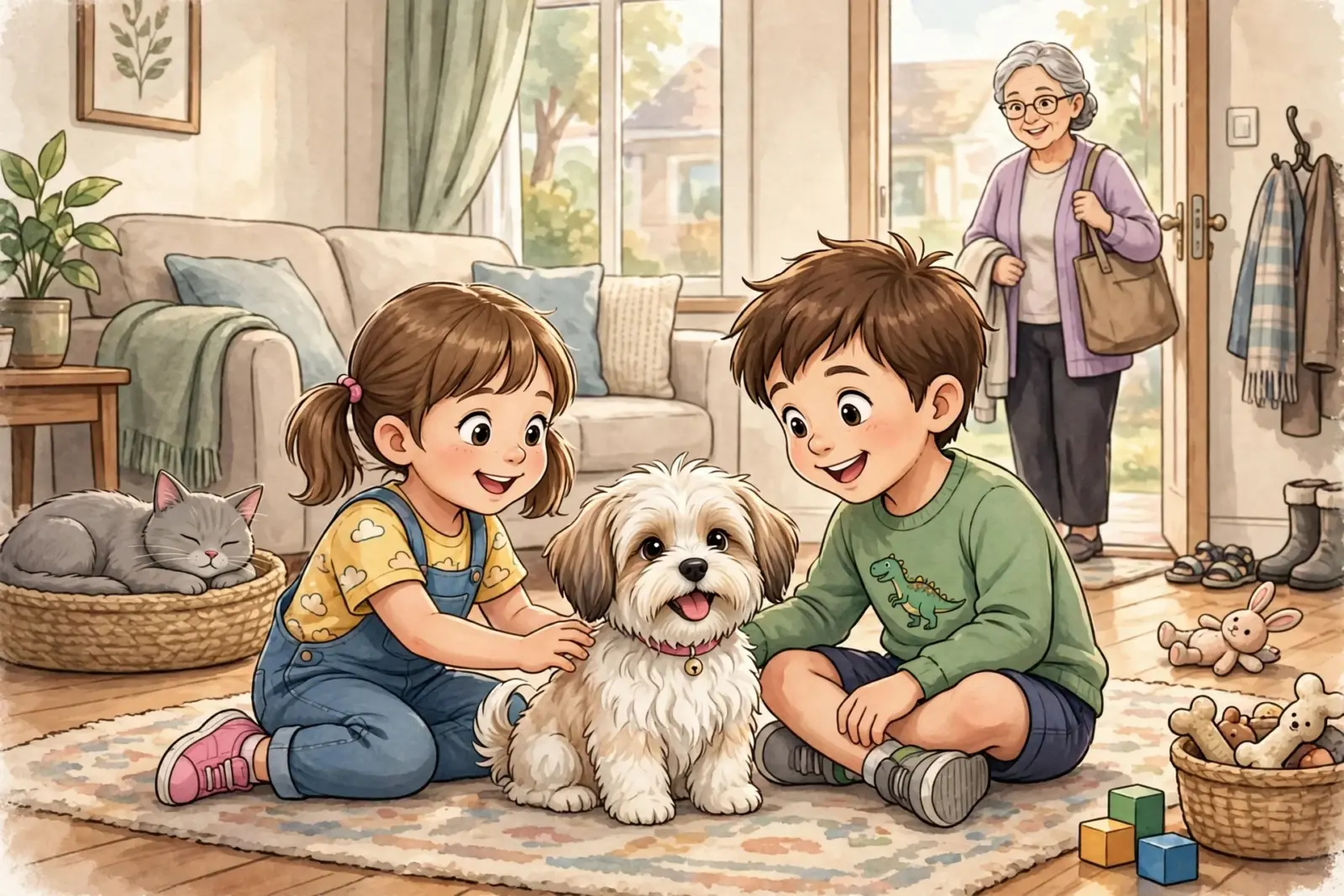 Two happy children, a boy and a girl, pet a fluffy white puppy on a rug in a cozy living room, while their grandmother watches from the doorway.