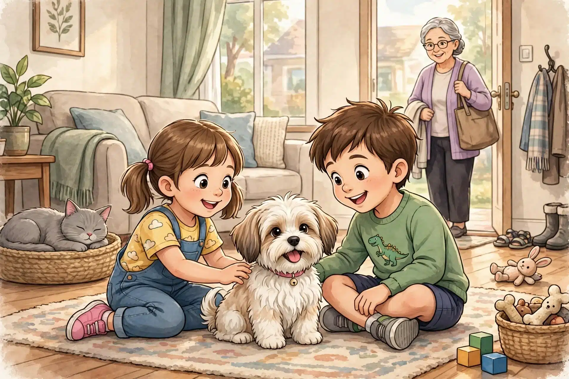 A family meets a fluffy puppy on the living room floor