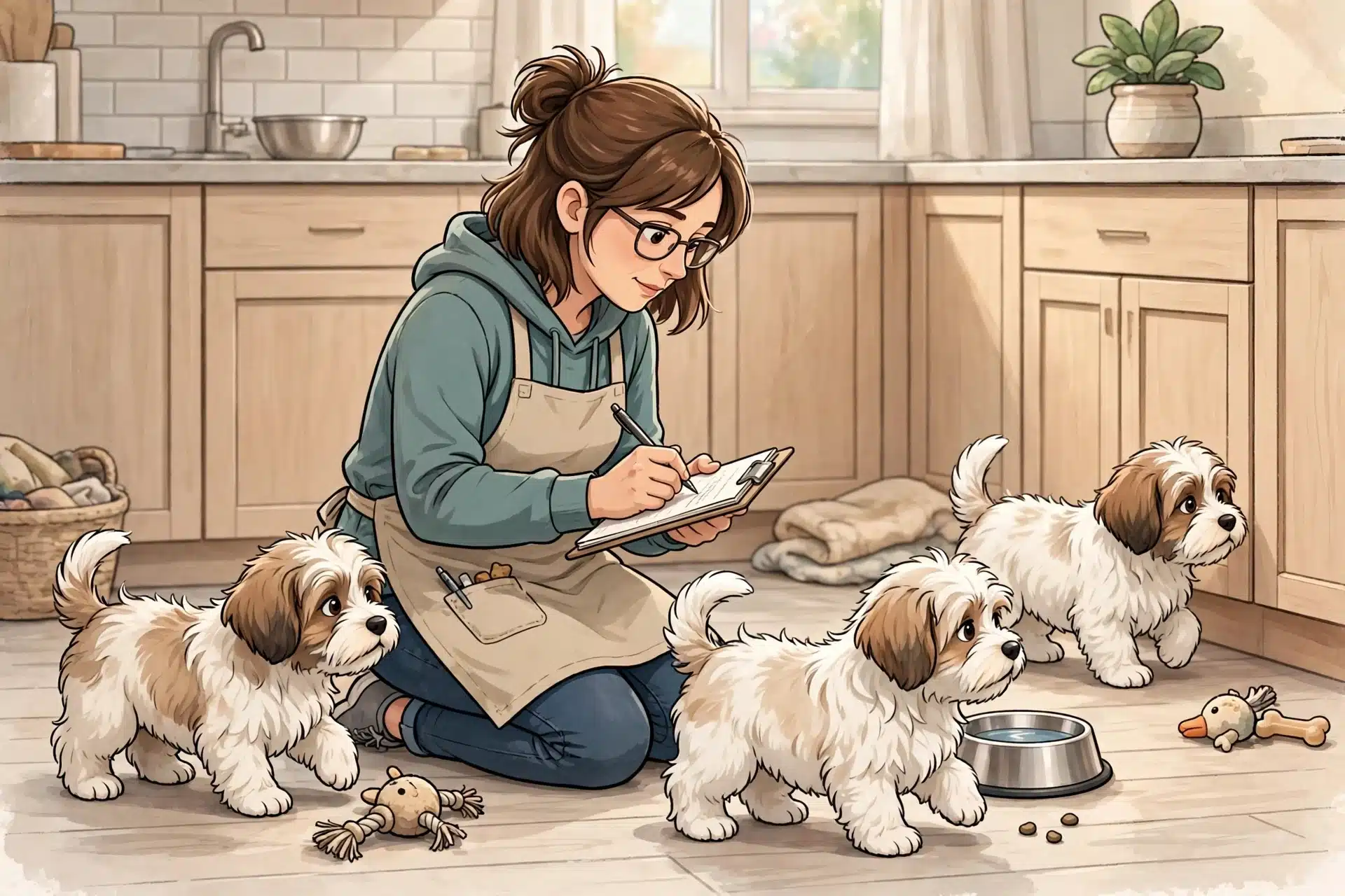 Breeder observing puppies on kitchen floor