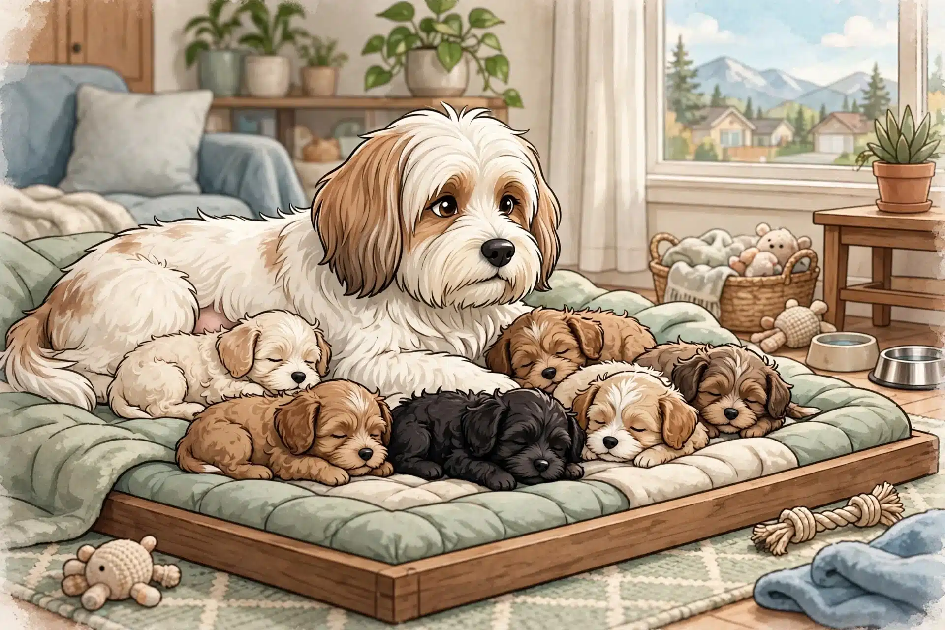 A calm mother Havanese resting with her puppies in a bright home
