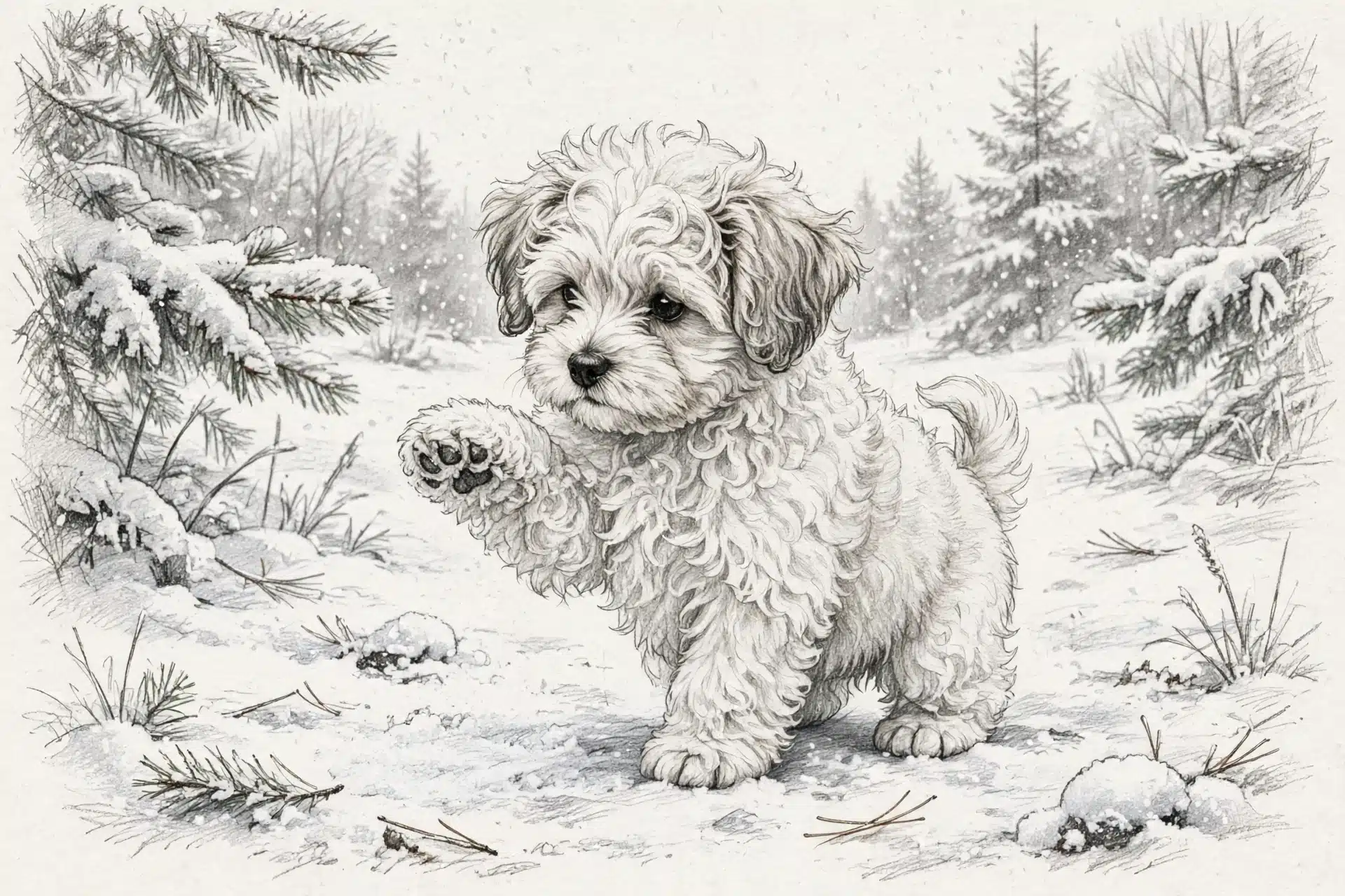 Havanese puppy lifting paw in snowy yard