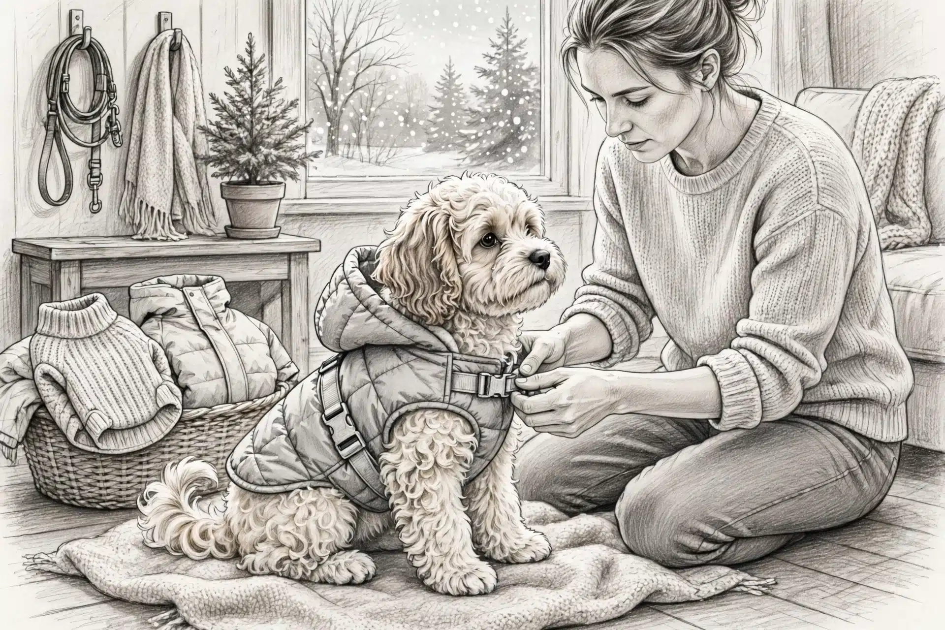 Pencil sketch of owner fitting a Cavapoo puppy with a coat