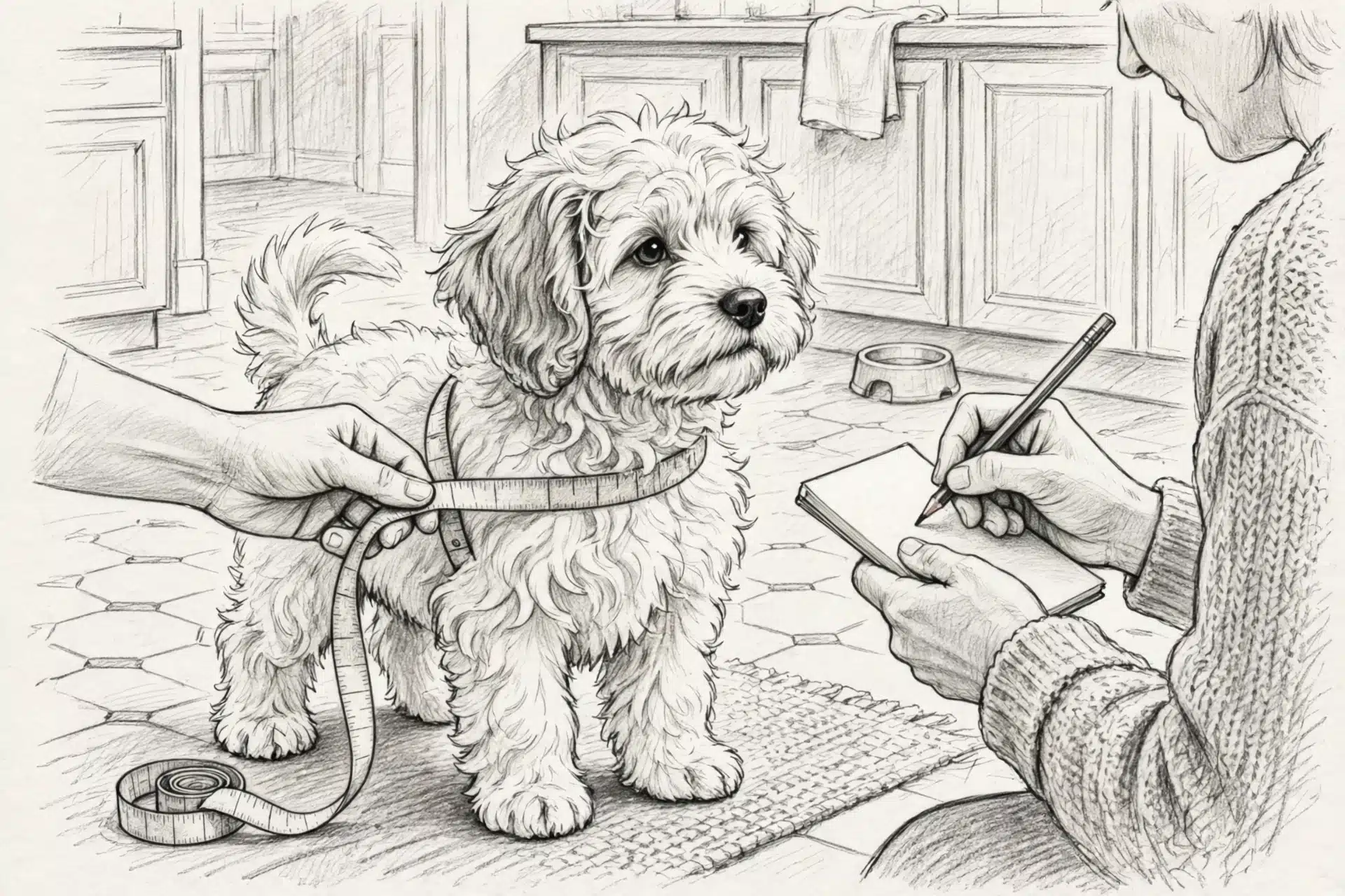 Pencil sketch of measuring a fluffy puppy