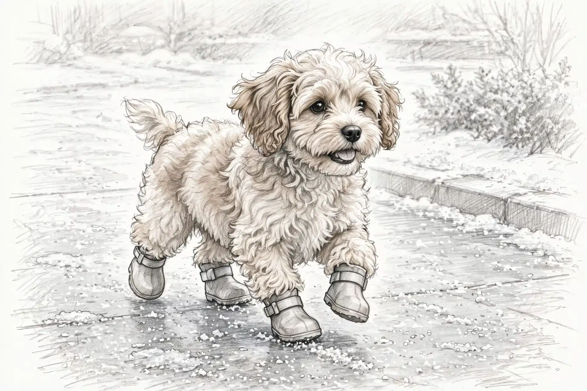Pencil sketch of a small puppy in boots on salted ice