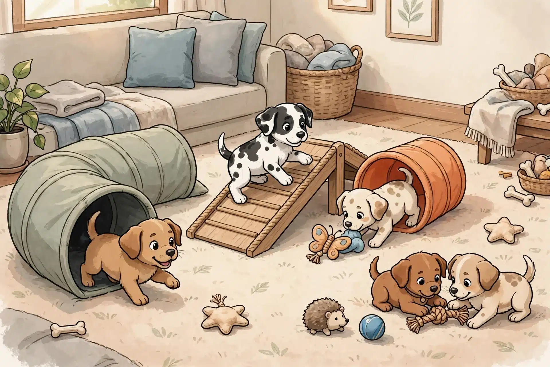 Puppies exploring a cozy family room tunnel
