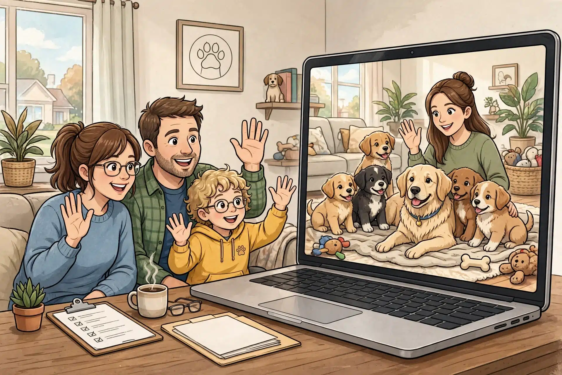 Family video call with puppies and mother dog