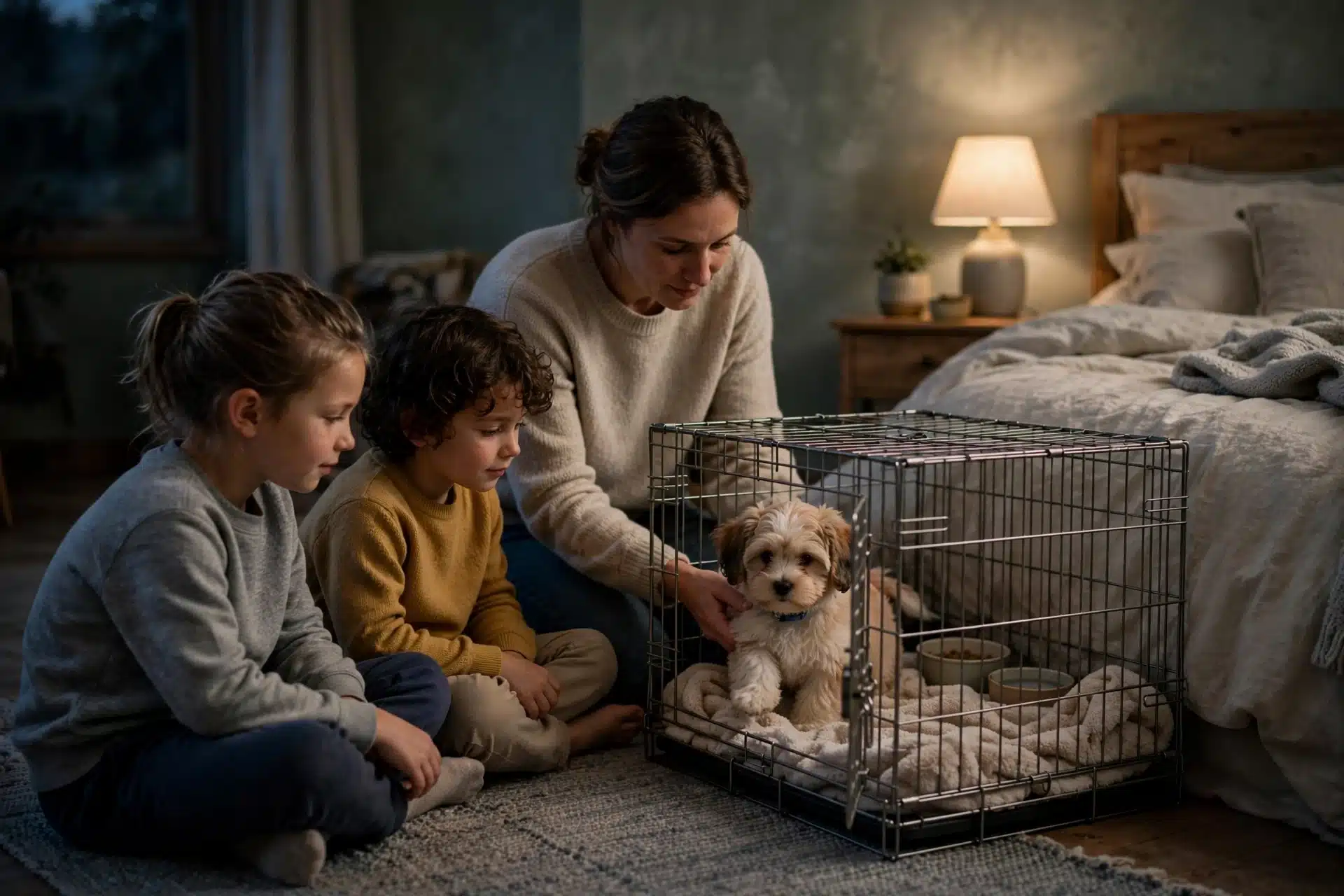 Family settling puppy into crate at dusk