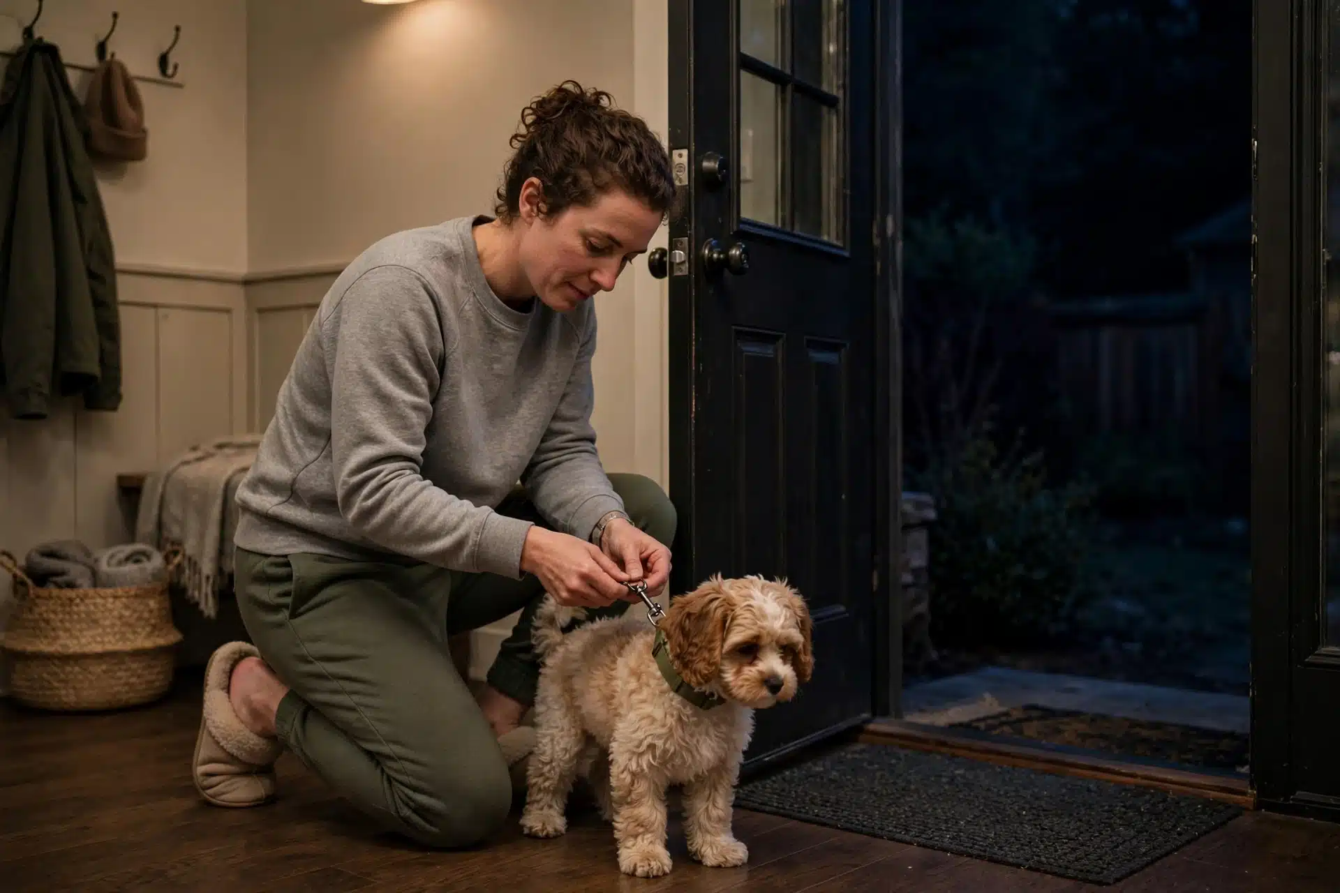 Quiet owner leashing puppy at back door