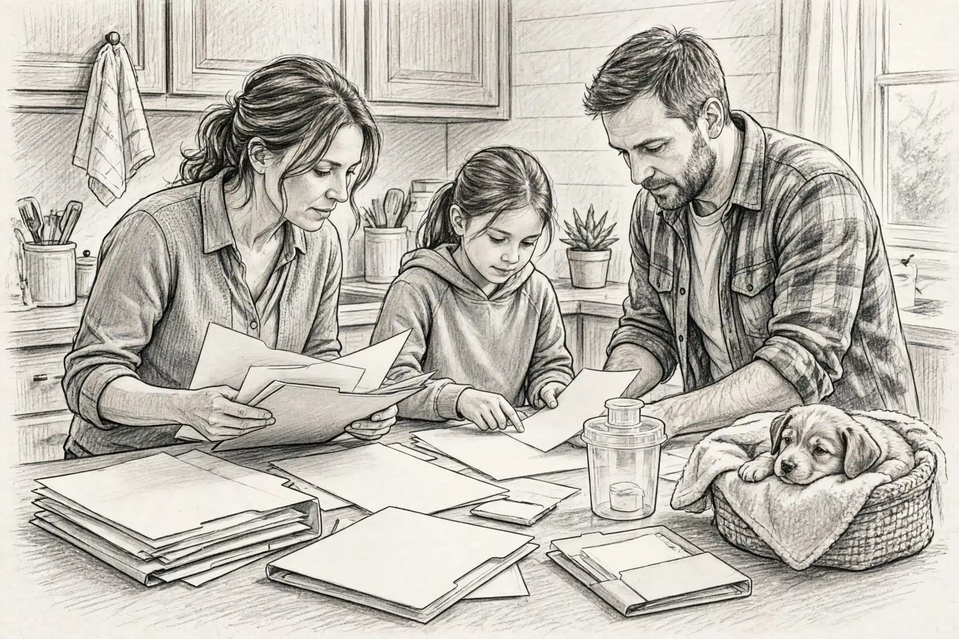Pencil sketch of family organizing puppy records and sample