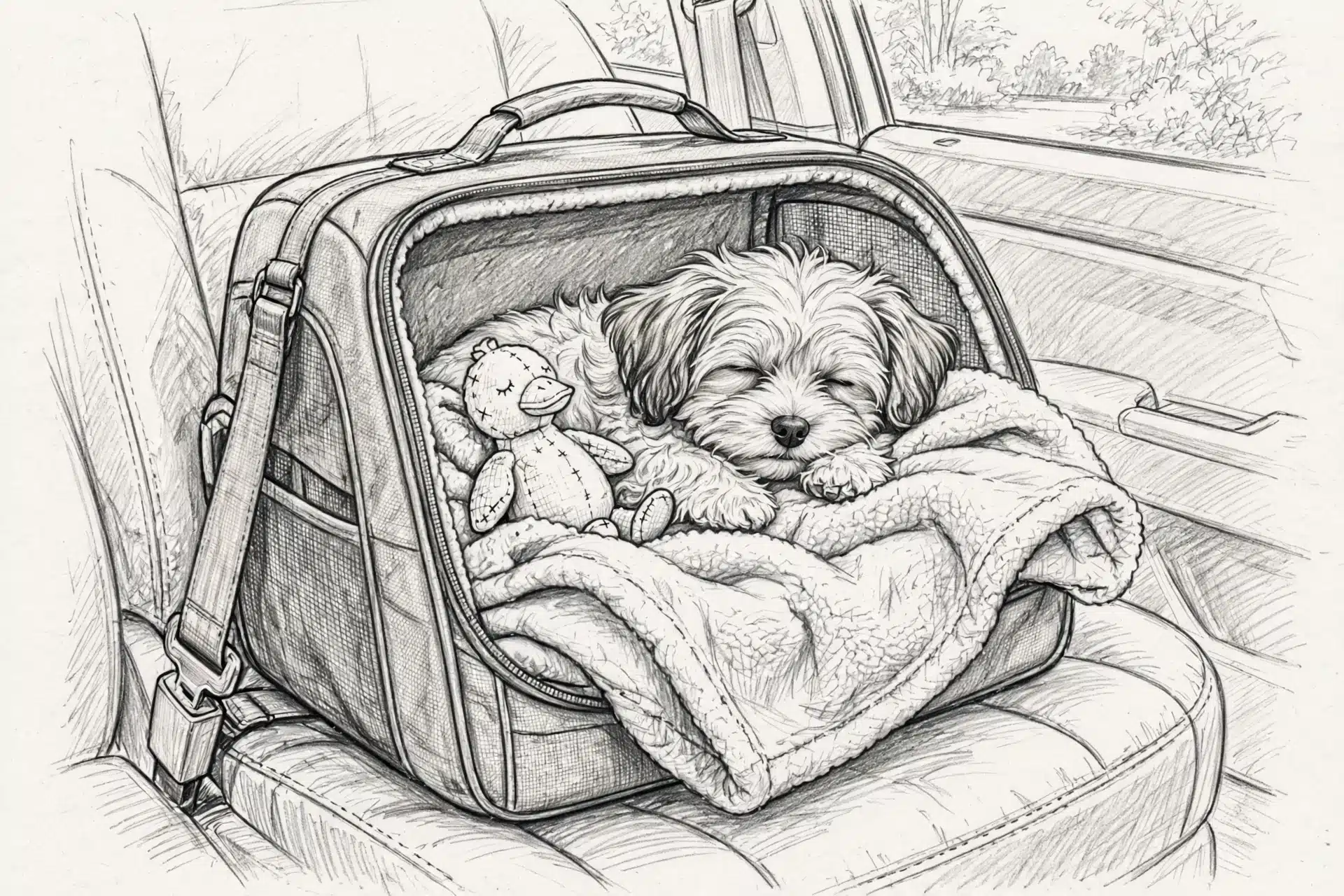 Havanese puppy resting in fleece-lined carrier