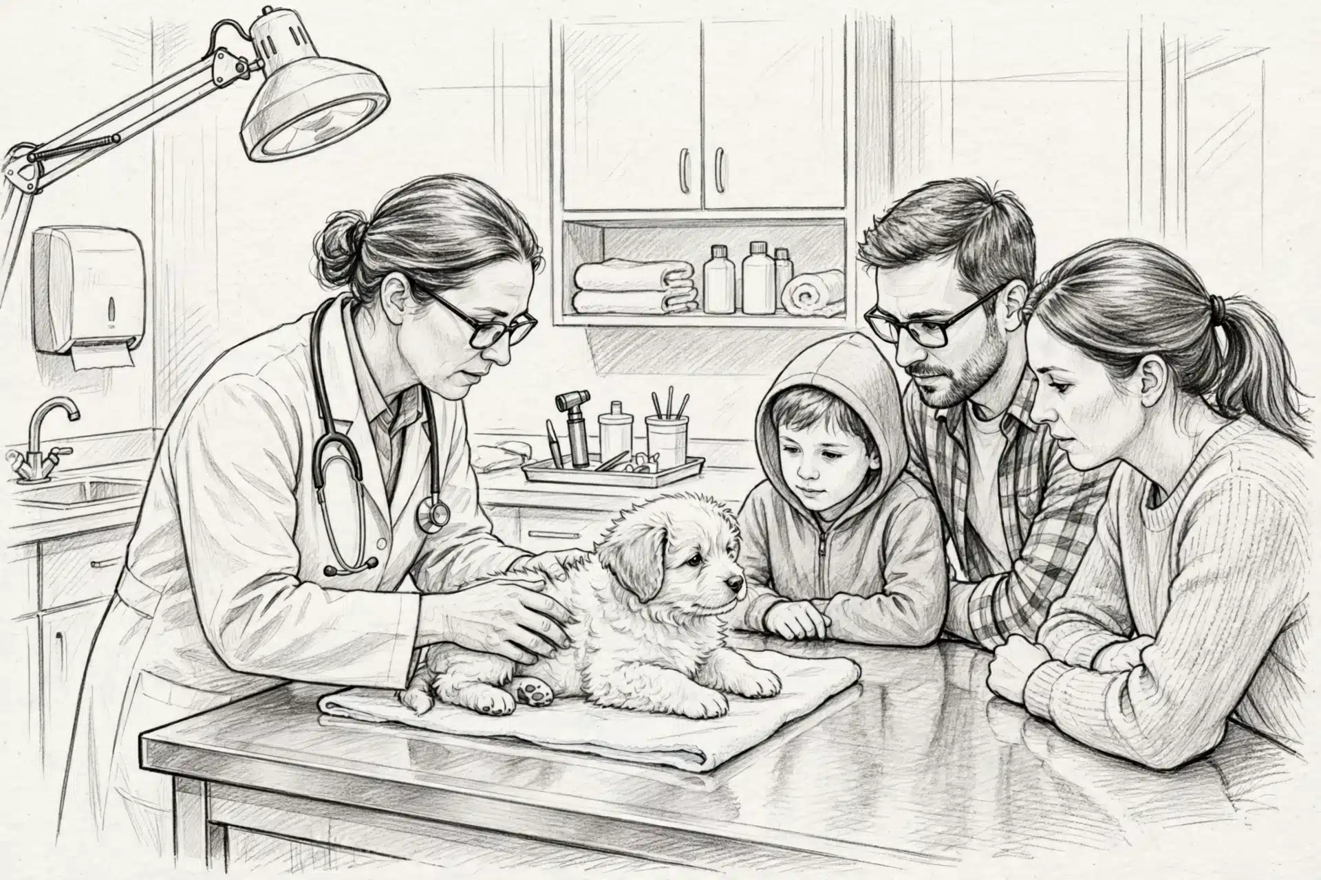 Veterinarian examining fluffy puppy as family watches