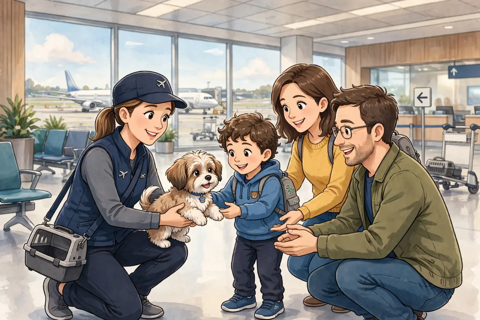 A smiling airport employee hands a fluffy puppy to a young boy in an airport, with his parents looking on. This scene depicts a happy puppy delivery option.