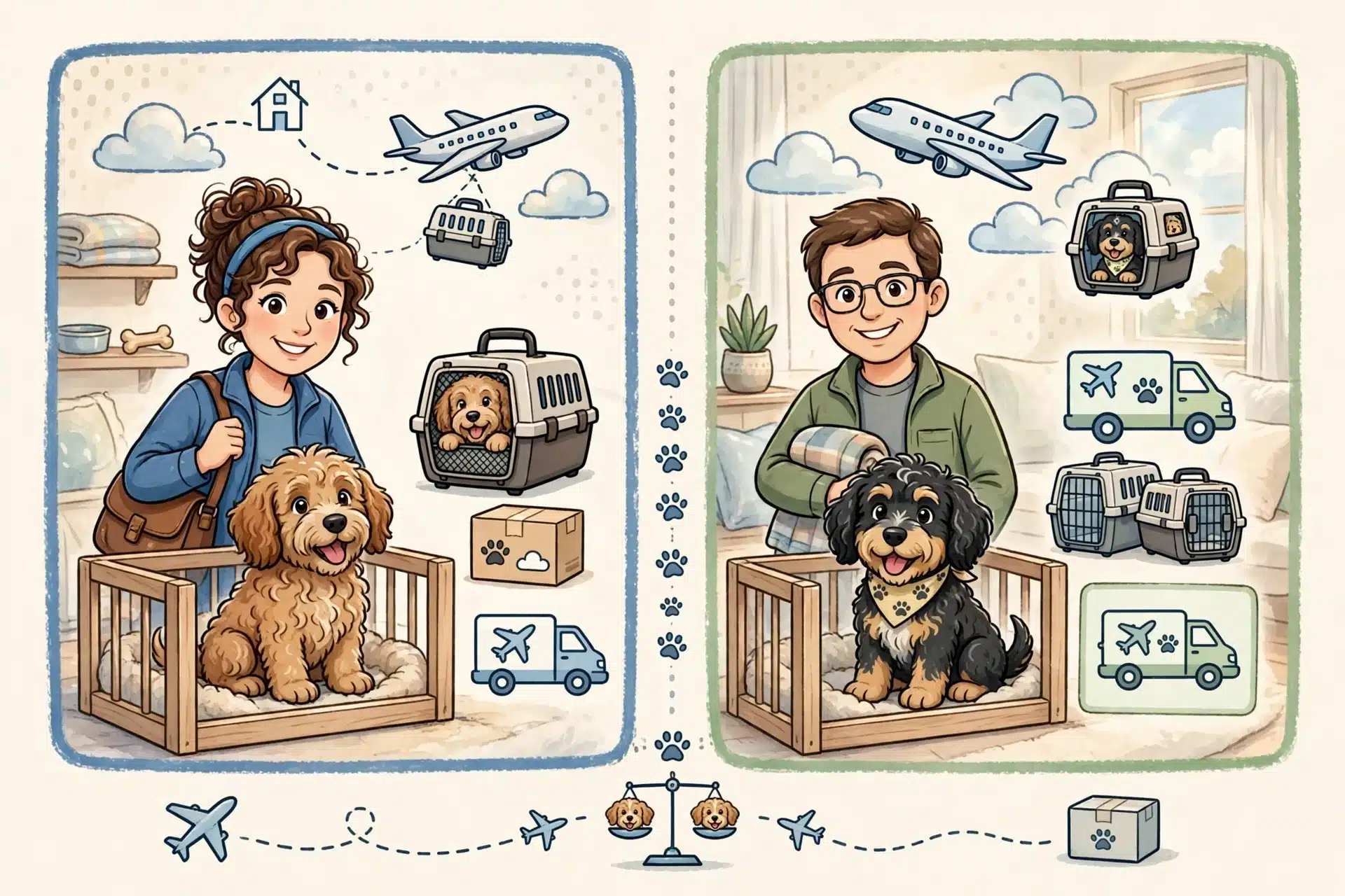 Cartoon delivery van beside puppy carrier price list