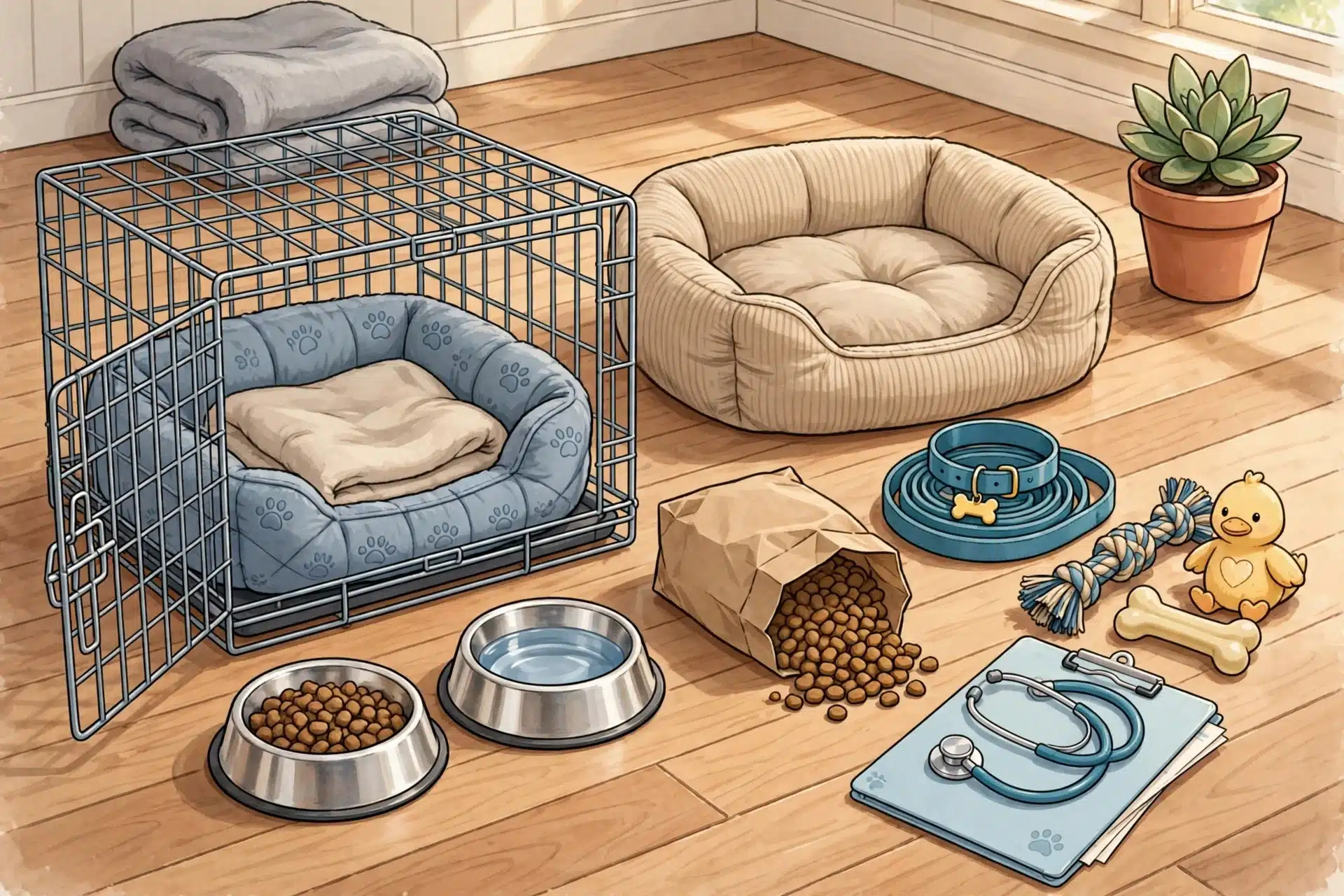 Cozy puppy starter kit arranged on hardwood floor