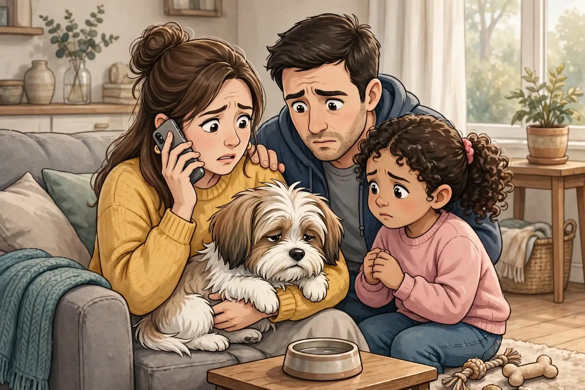 Worried family phoning vet over sick puppy