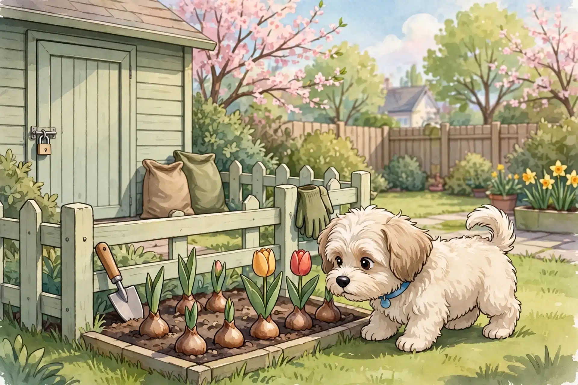 A puppy sniffing tulips near a fenced garden