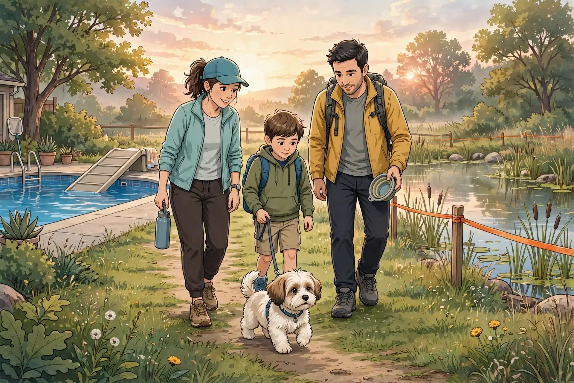 Sunlit family walking puppy beside a grassy trail