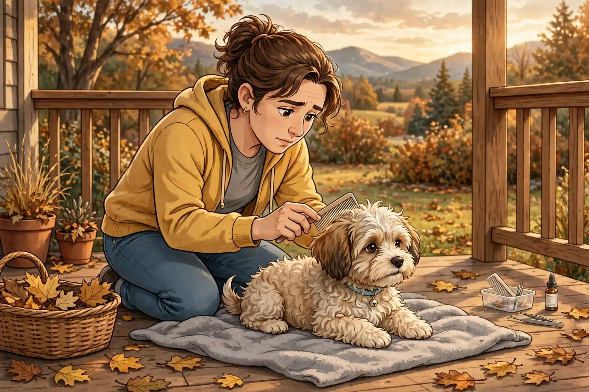 A Havanese puppy receiving a tick check on a porch
