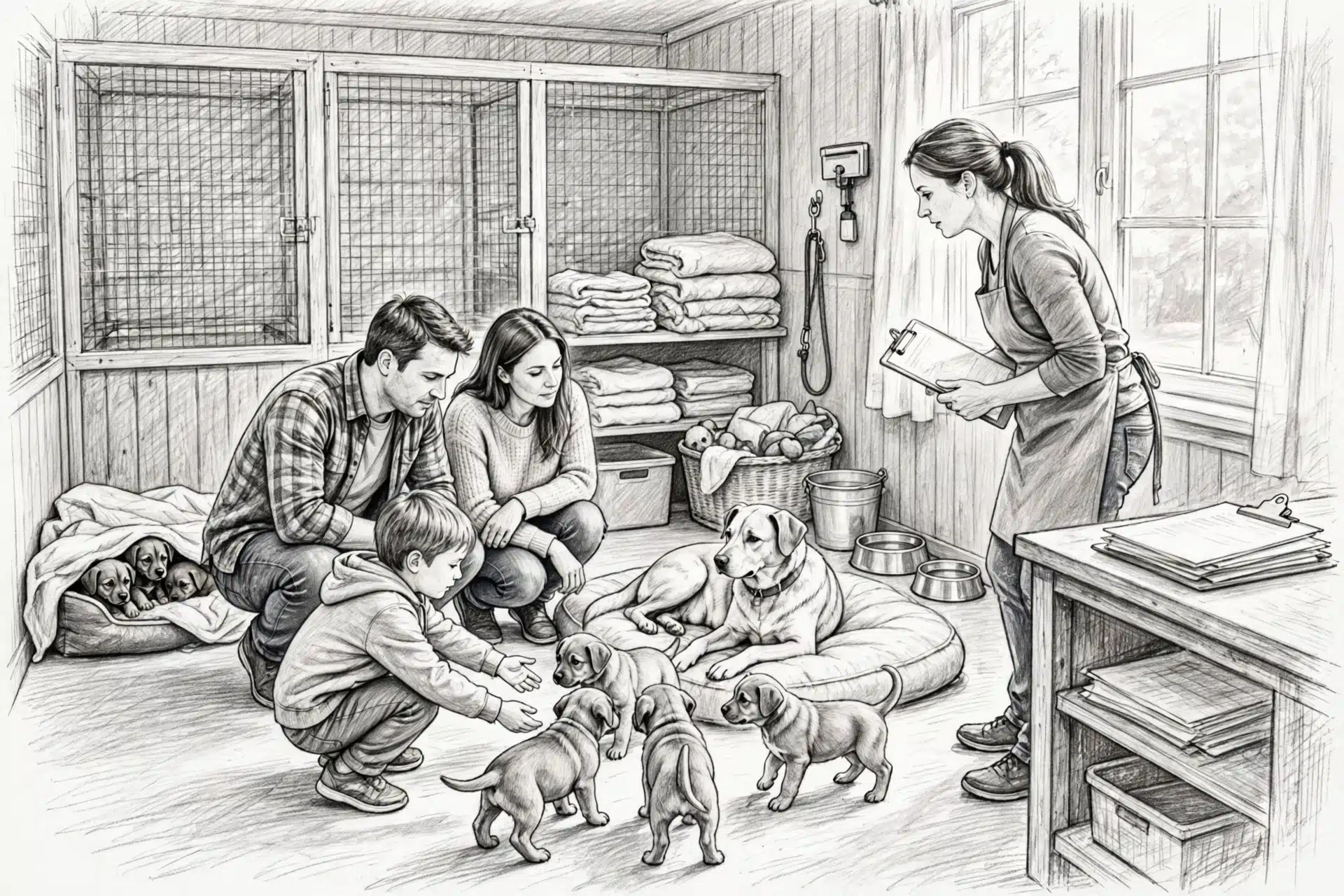 A family meeting a relaxed mother dog and her puppies