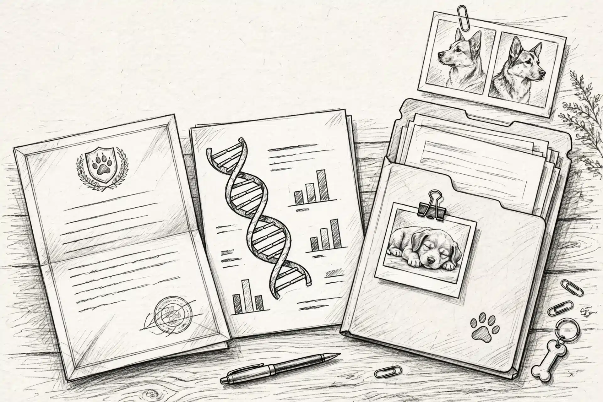Pencil sketch of veterinary records and DNA report