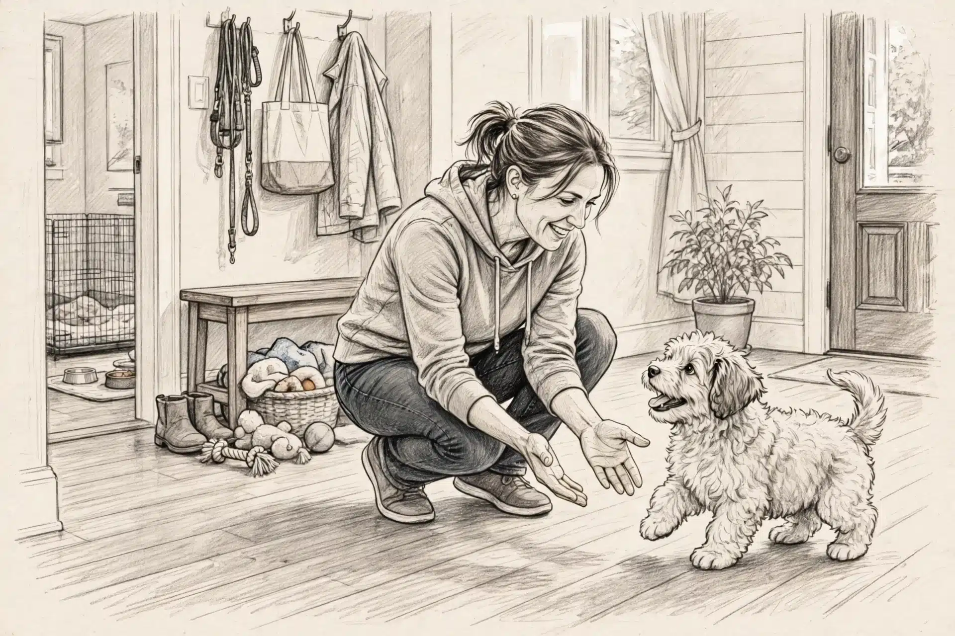 Parent greeting puppy on entryway floor