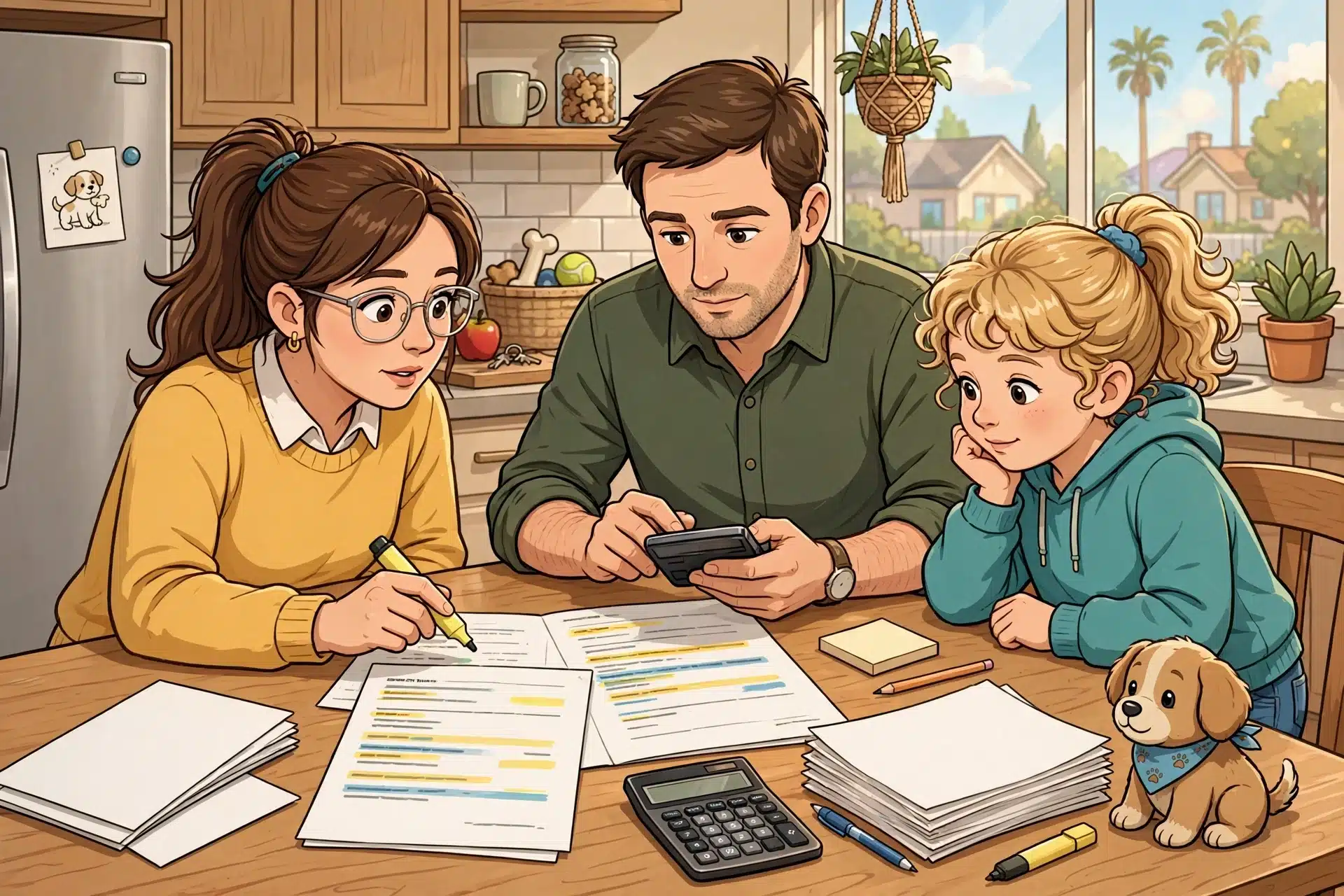 Family reviewing puppy contract at kitchen table