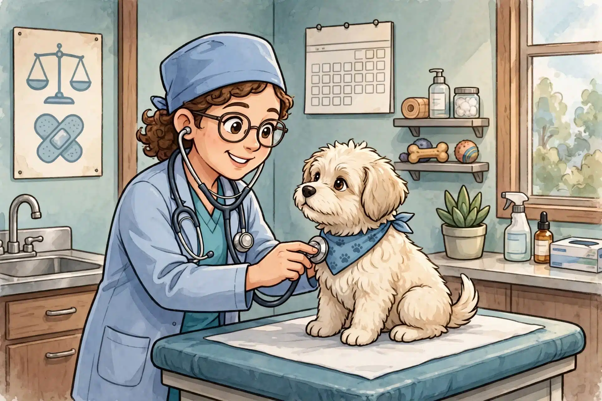 A veterinarian examines a fluffy puppy on an exam table