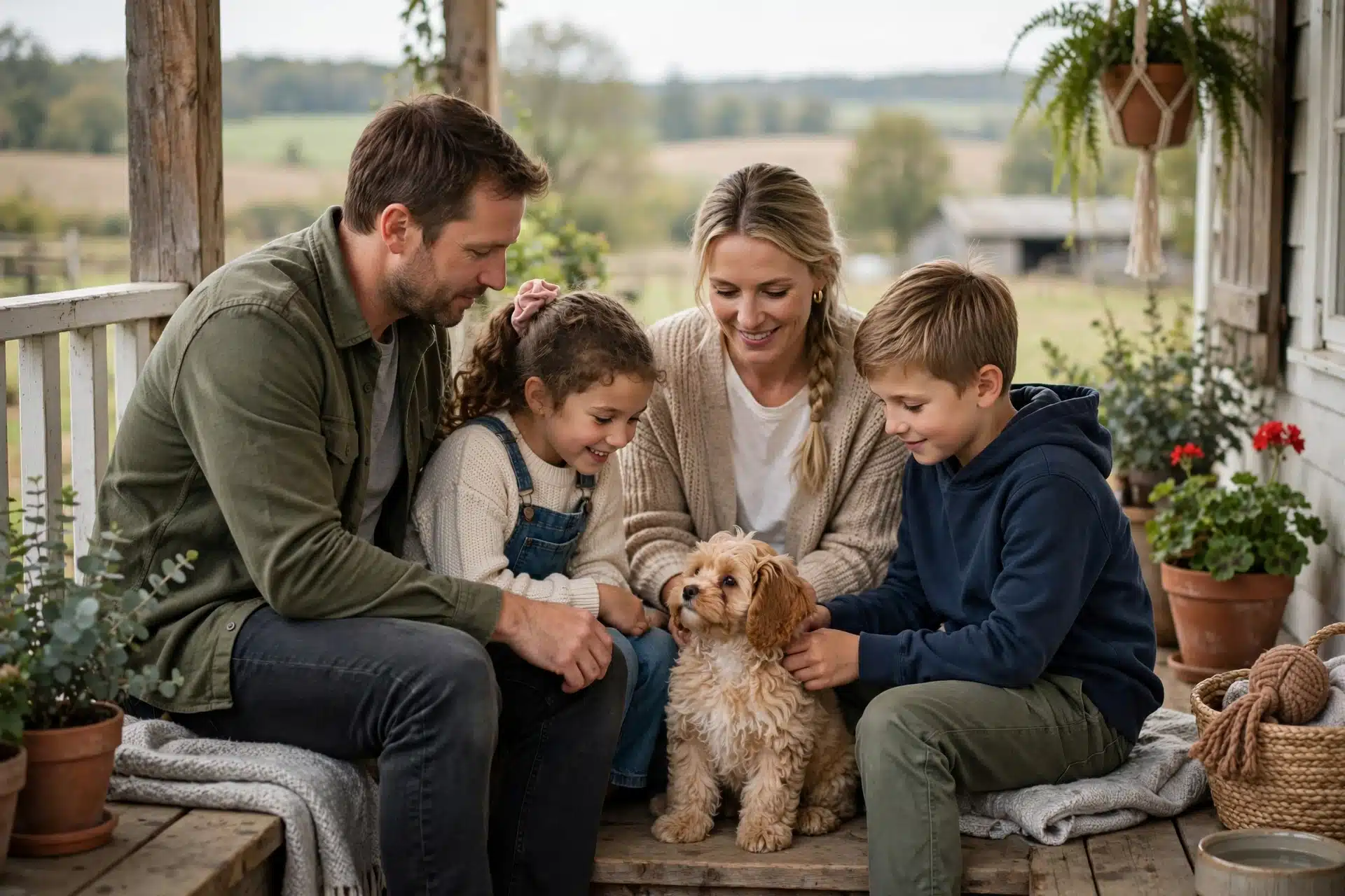 A family meets a Cavapoo puppy on a farmhouse porch