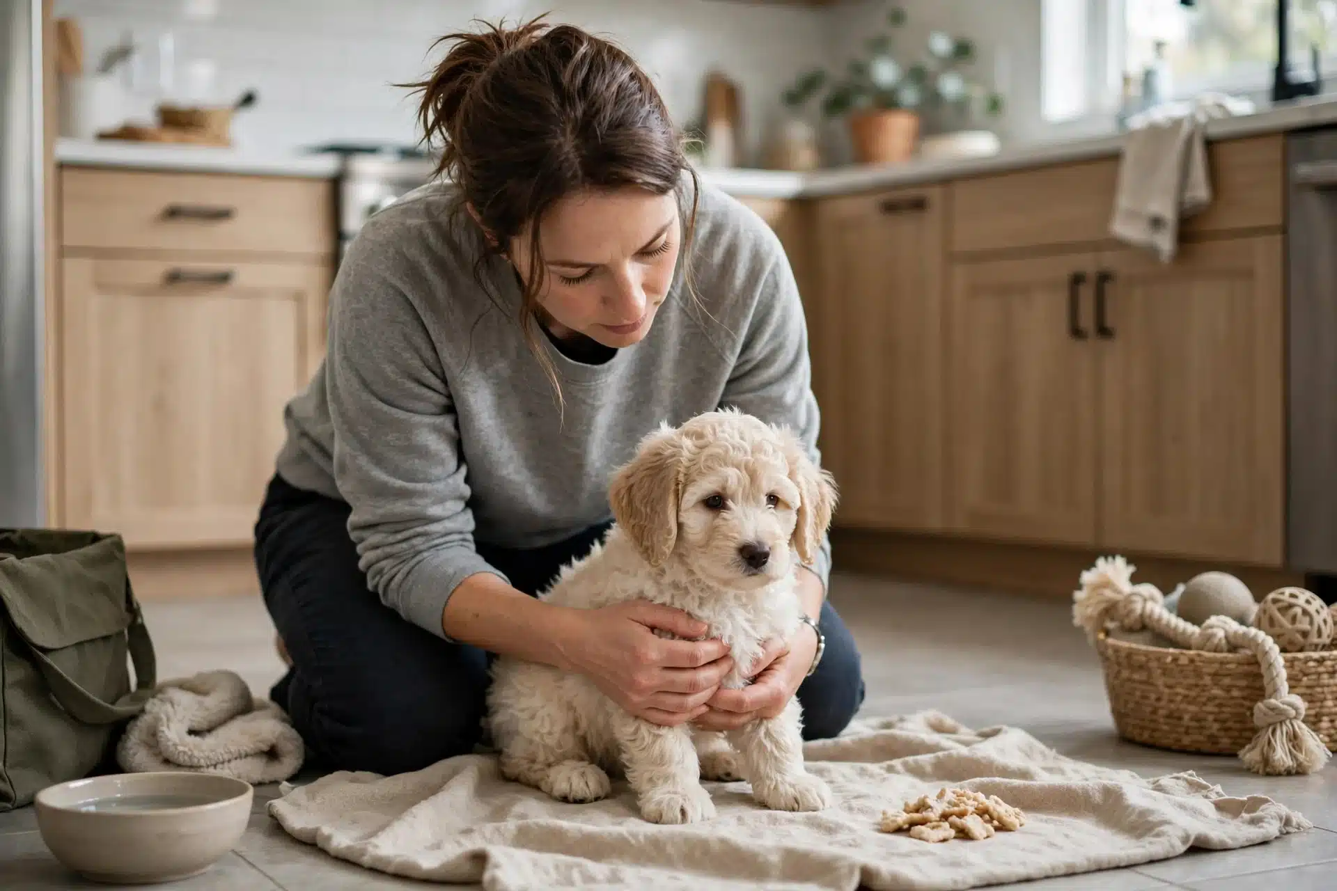 Breeder observing fluffy puppy on kitchen floor