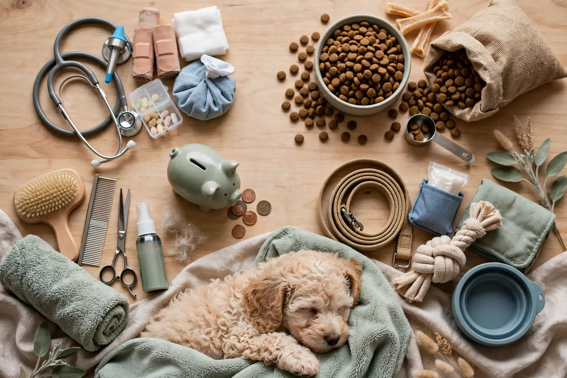 First-year puppy cost breakdown flat lay