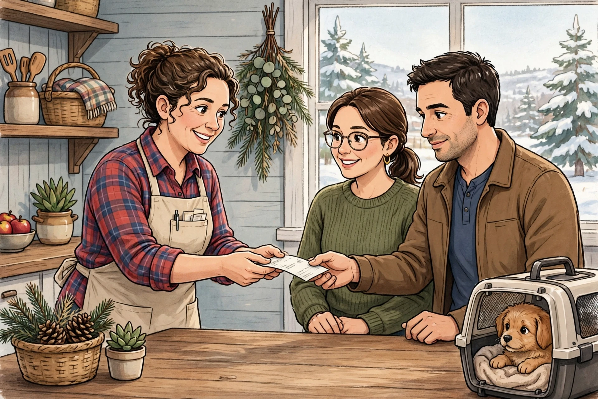 Breeder handing deposit receipt over kitchen counter