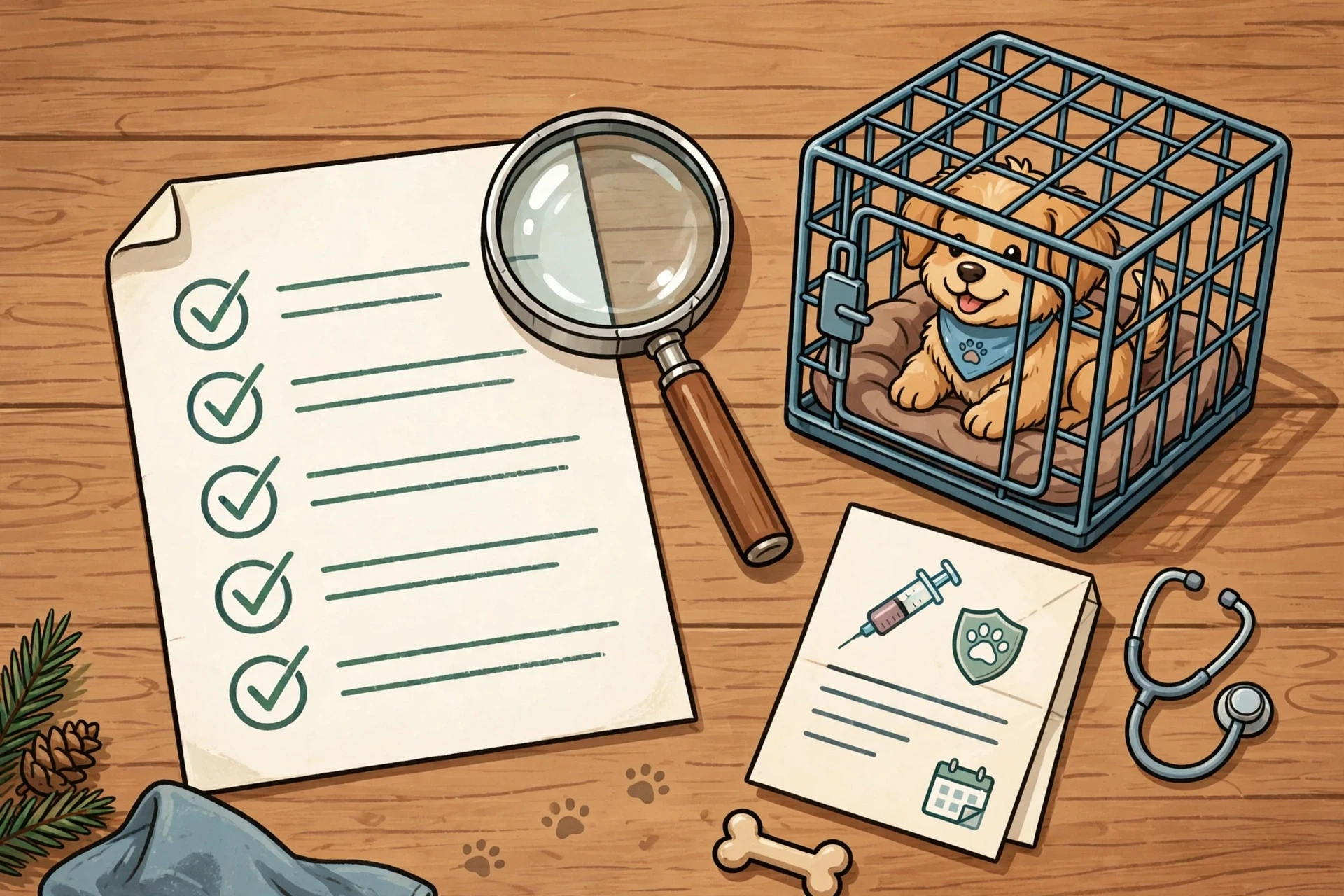 Checklist, magnifying glass, puppy crate, vaccination record