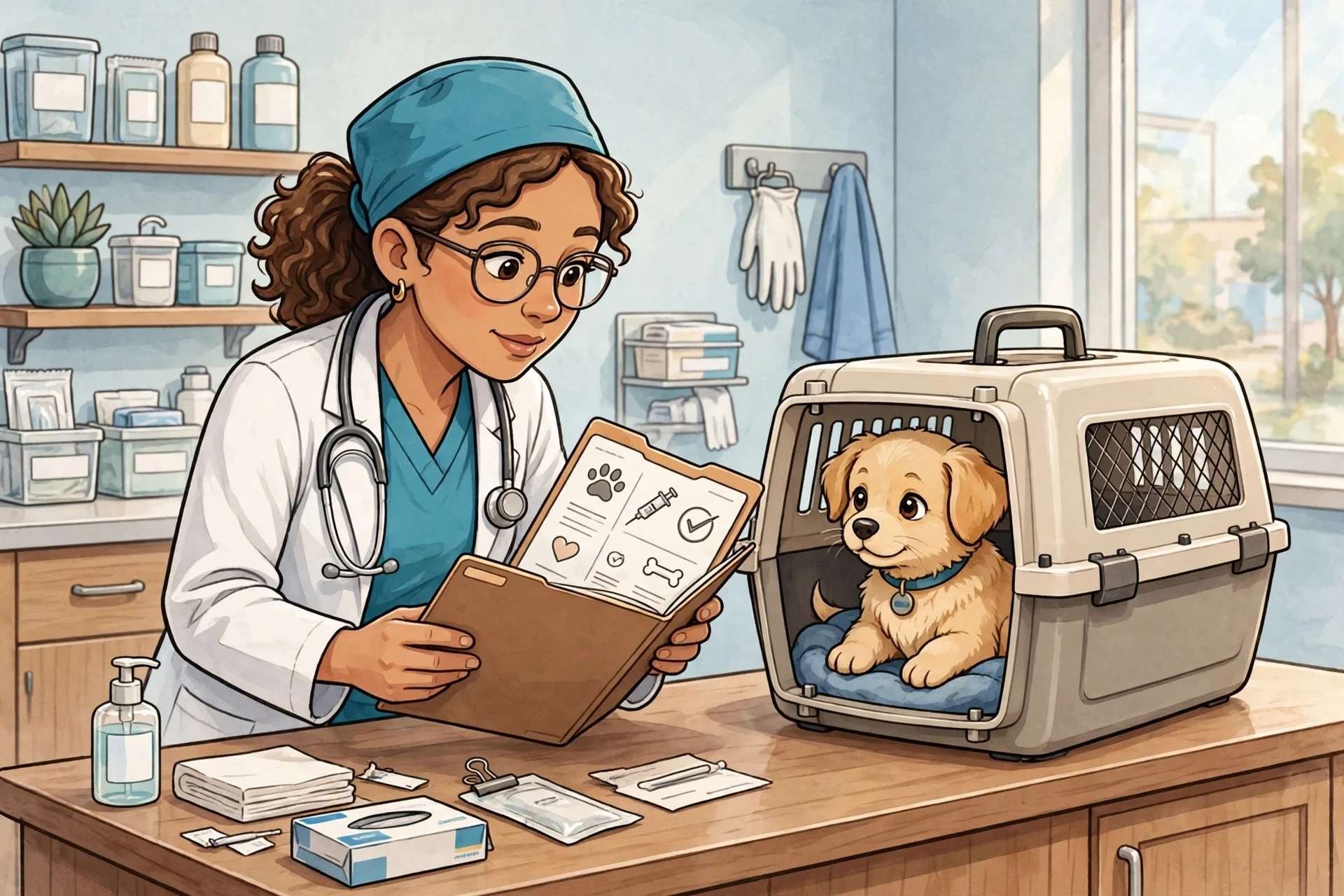 Veterinarian reviewing puppy health records beside carrier