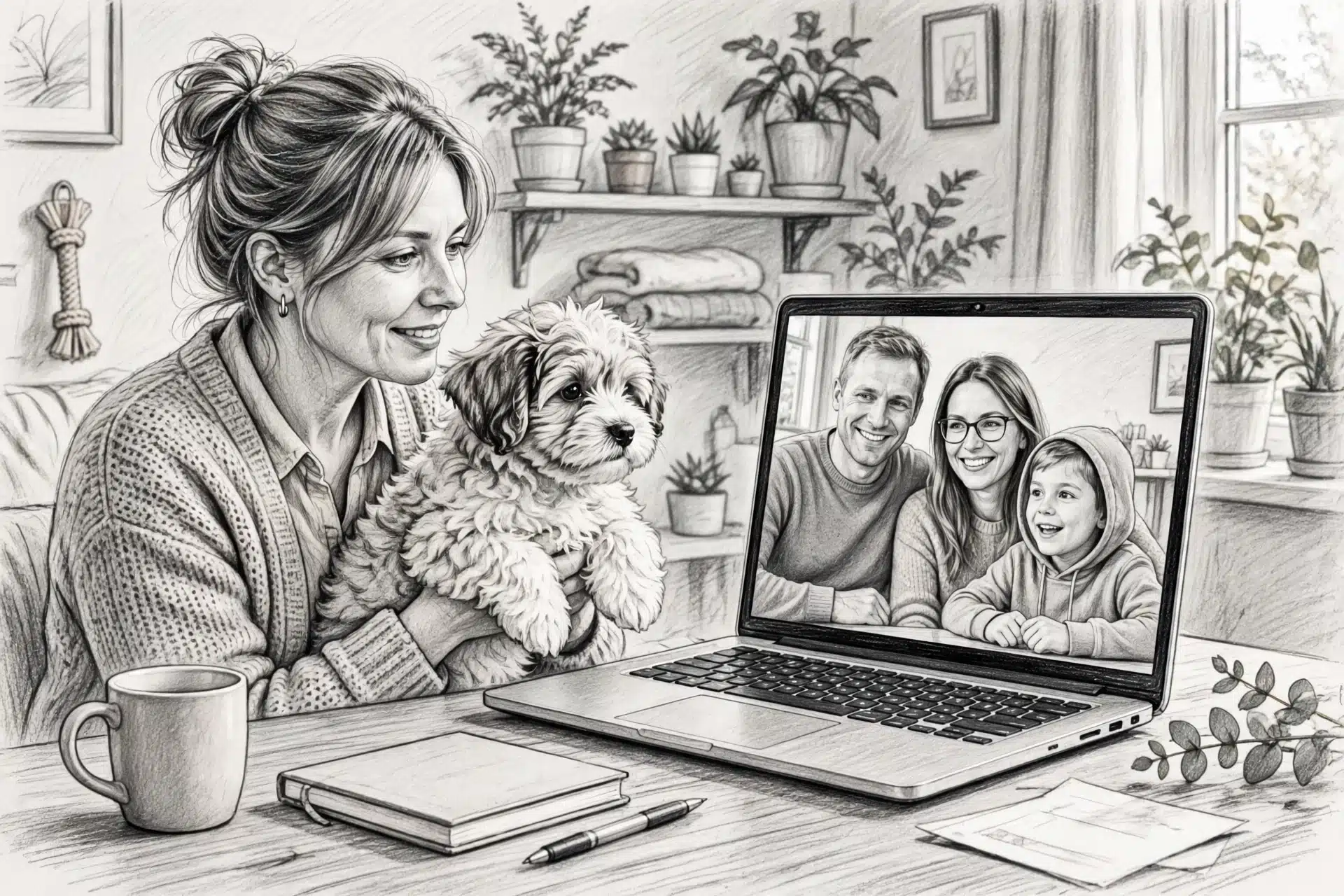 A breeder on a video call showing a Havanese puppy