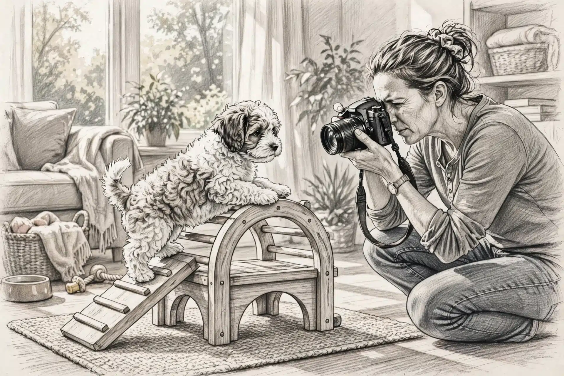 Breeder photographing puppy on climbing toy