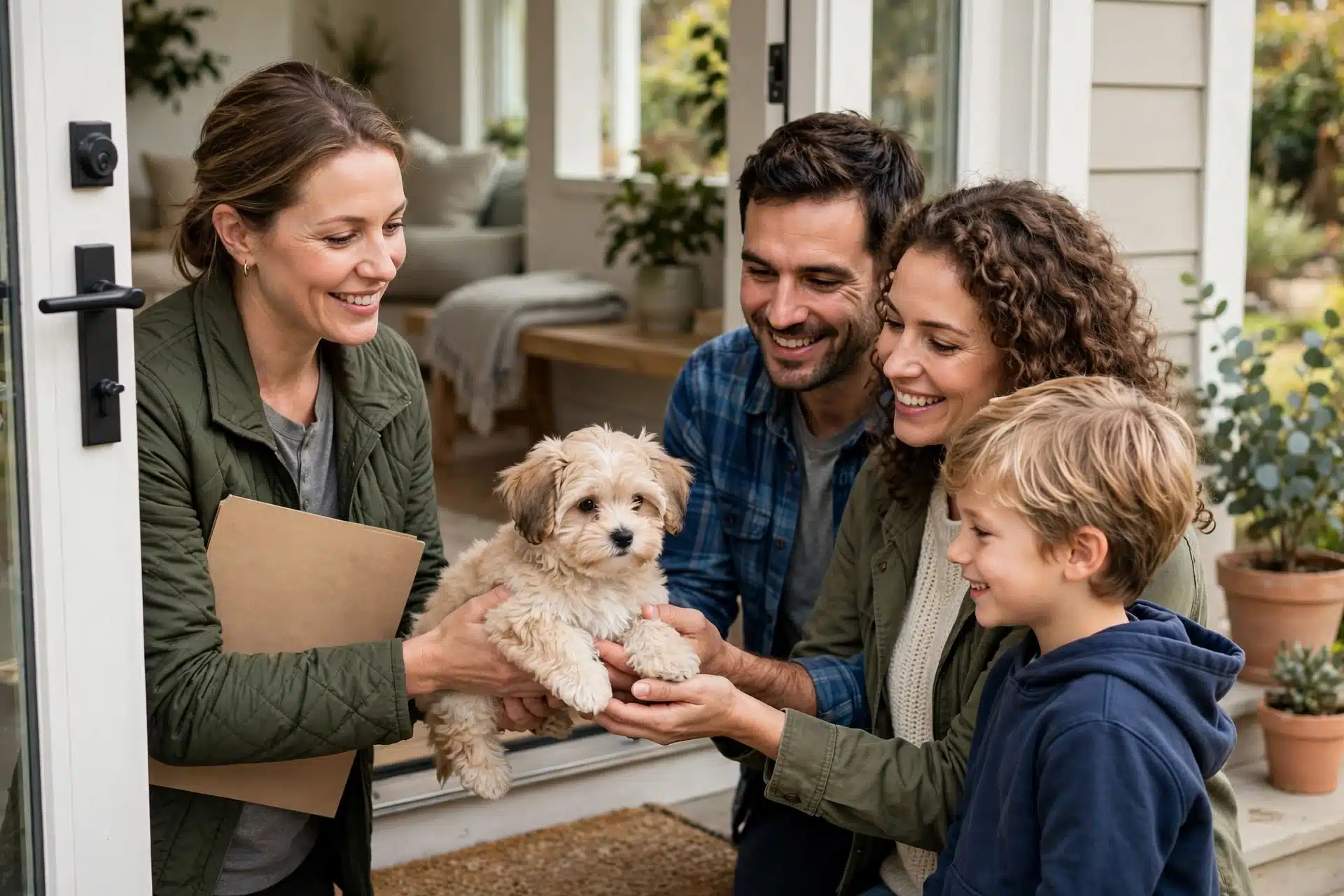 Breeder hands Havanese puppy to family at doorway