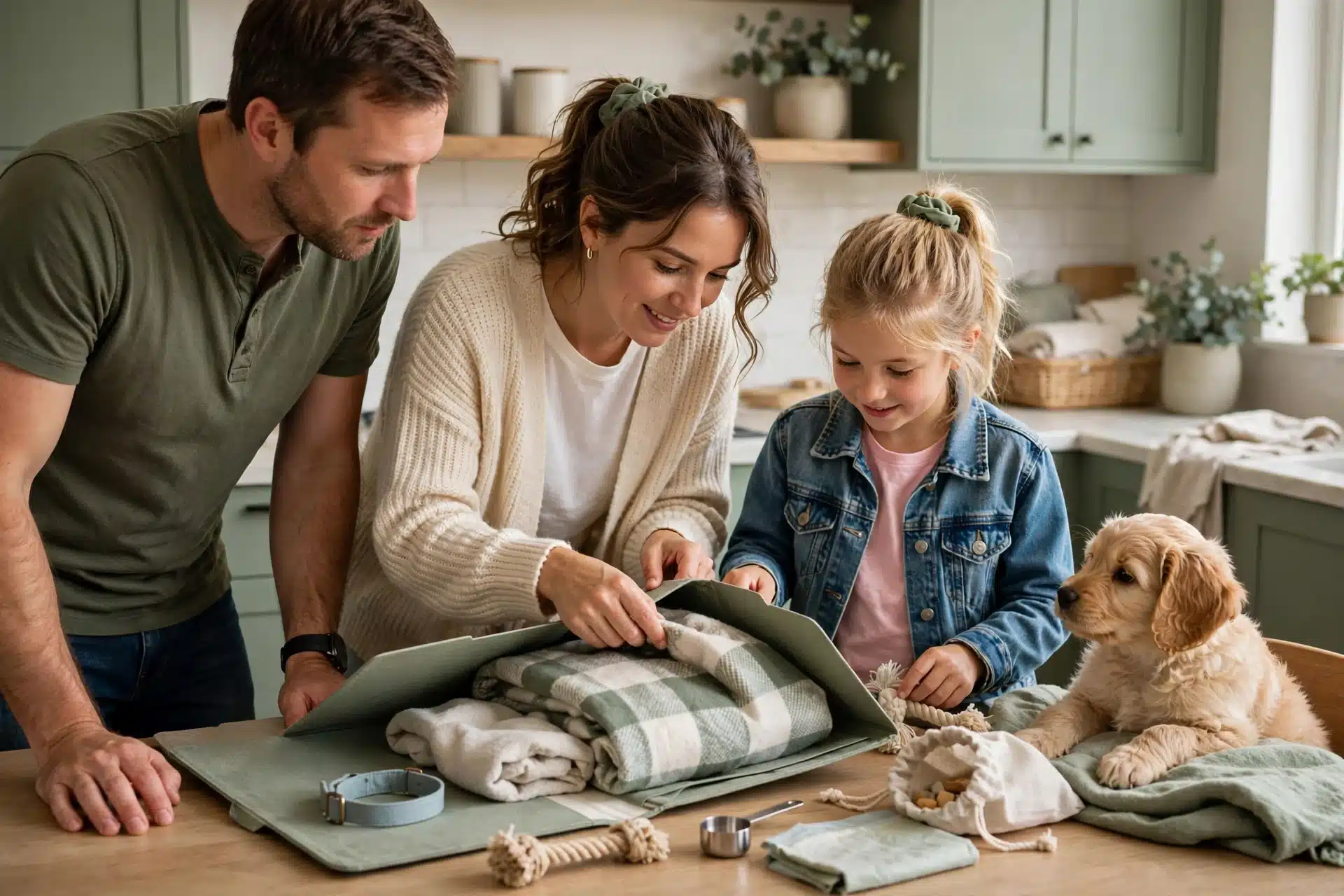 Family reviewing labeled puppy folder at kitchen table