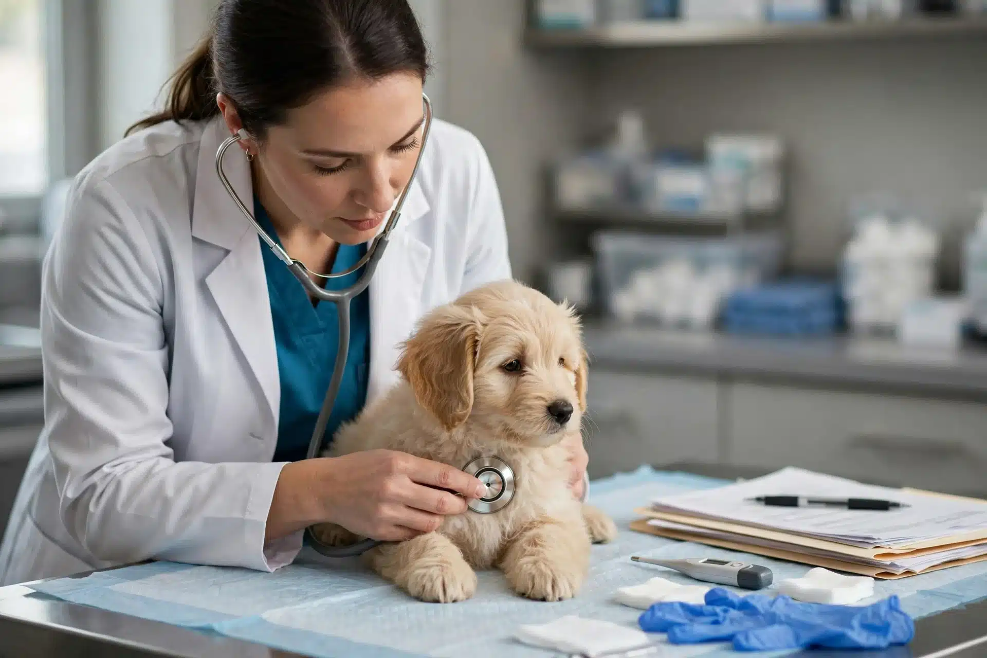 Veterinarian examining fluffy puppy on exam table