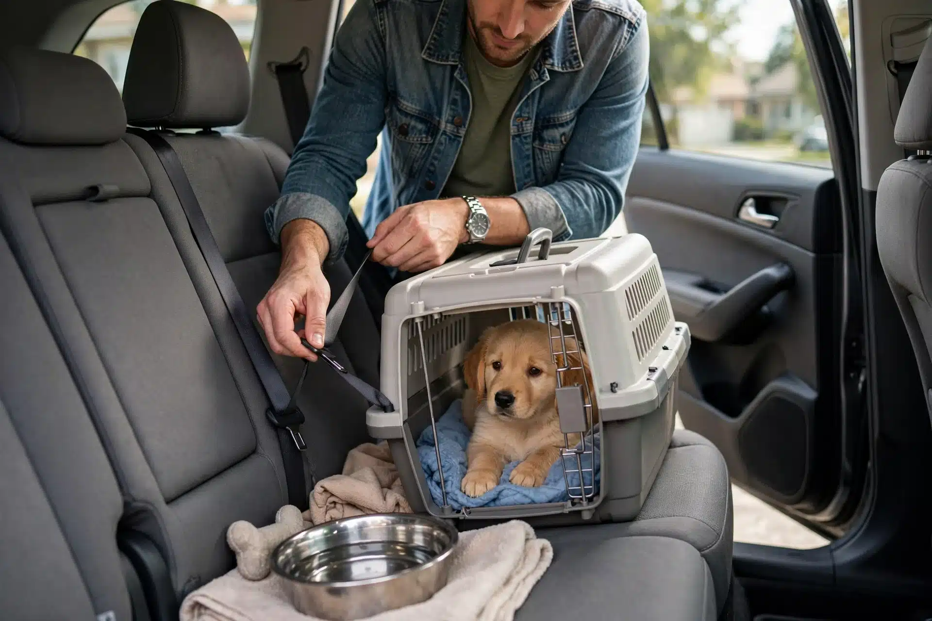Secure puppy crate in car back seat