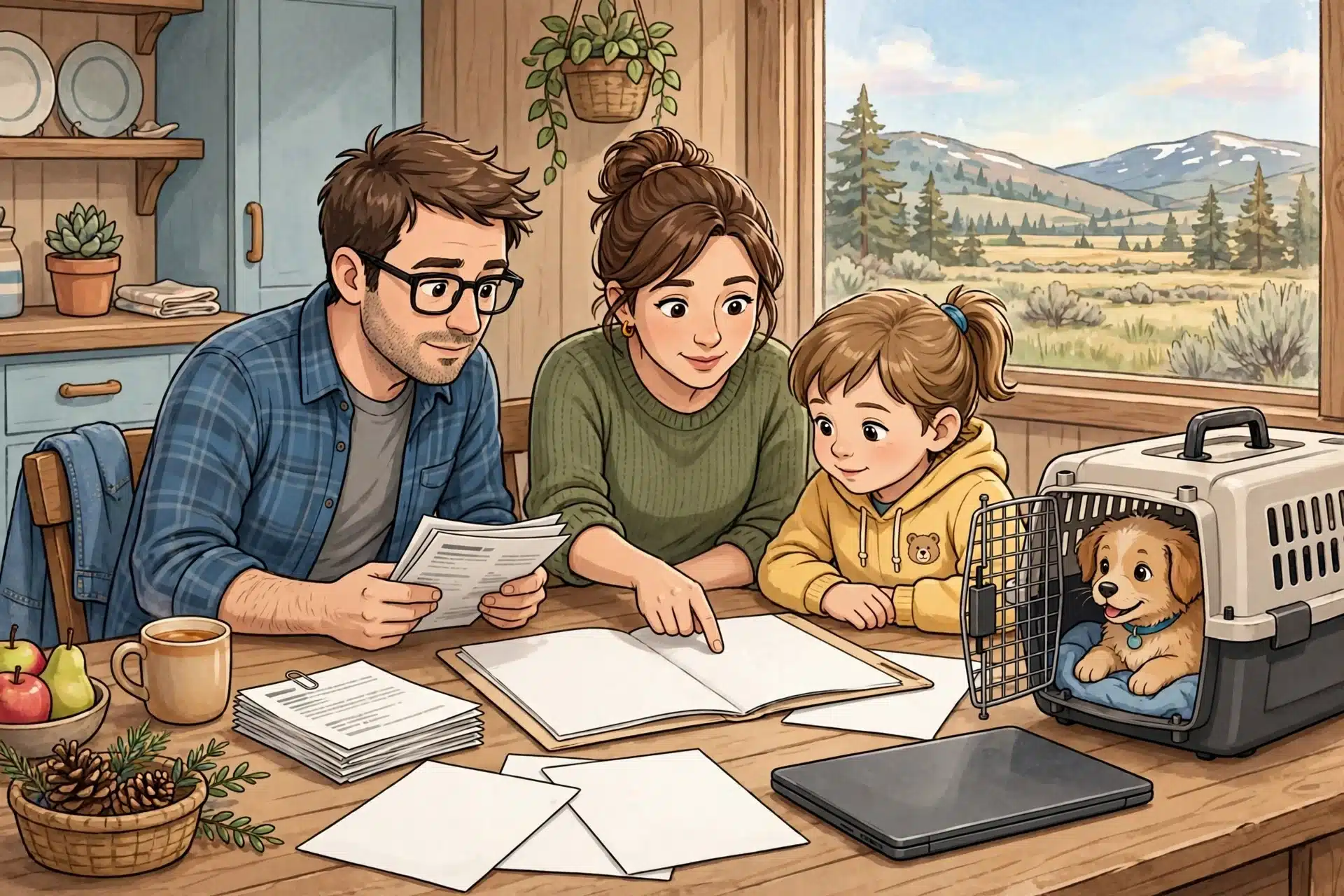 Family reviewing puppy documents at kitchen table