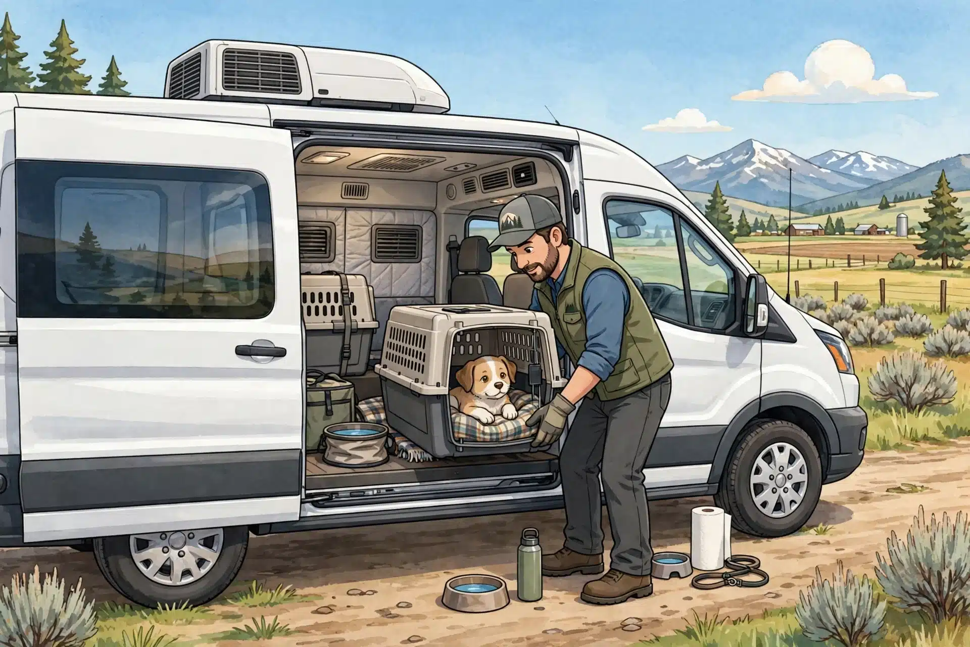 Transporter loading crated puppy into climate-controlled van