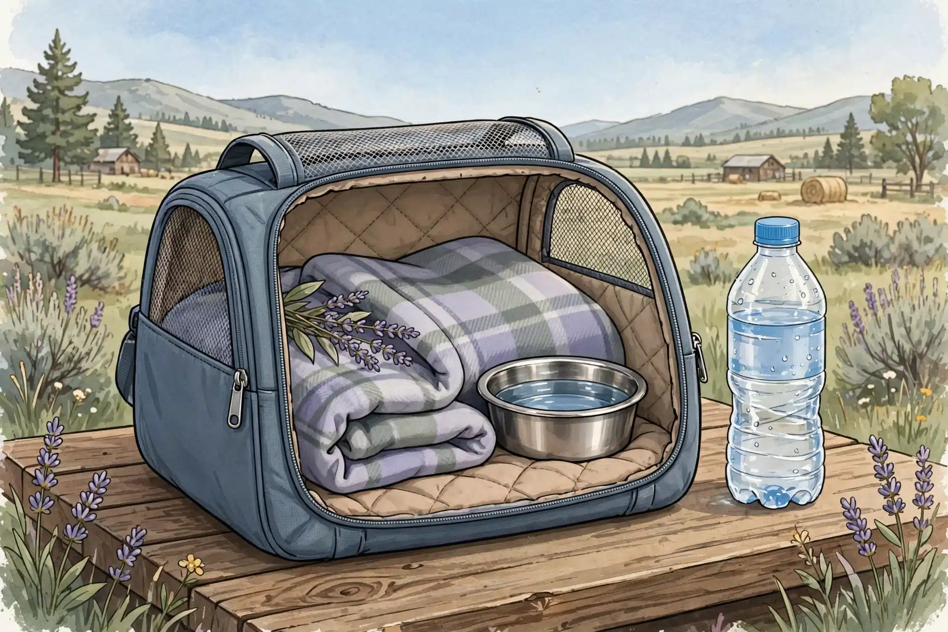 Puppy carrier with scented blanket and water bowl