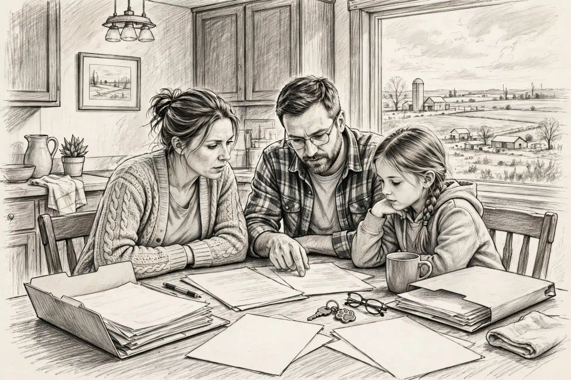 A family reviews a puppy deposit agreement at a kitchen table