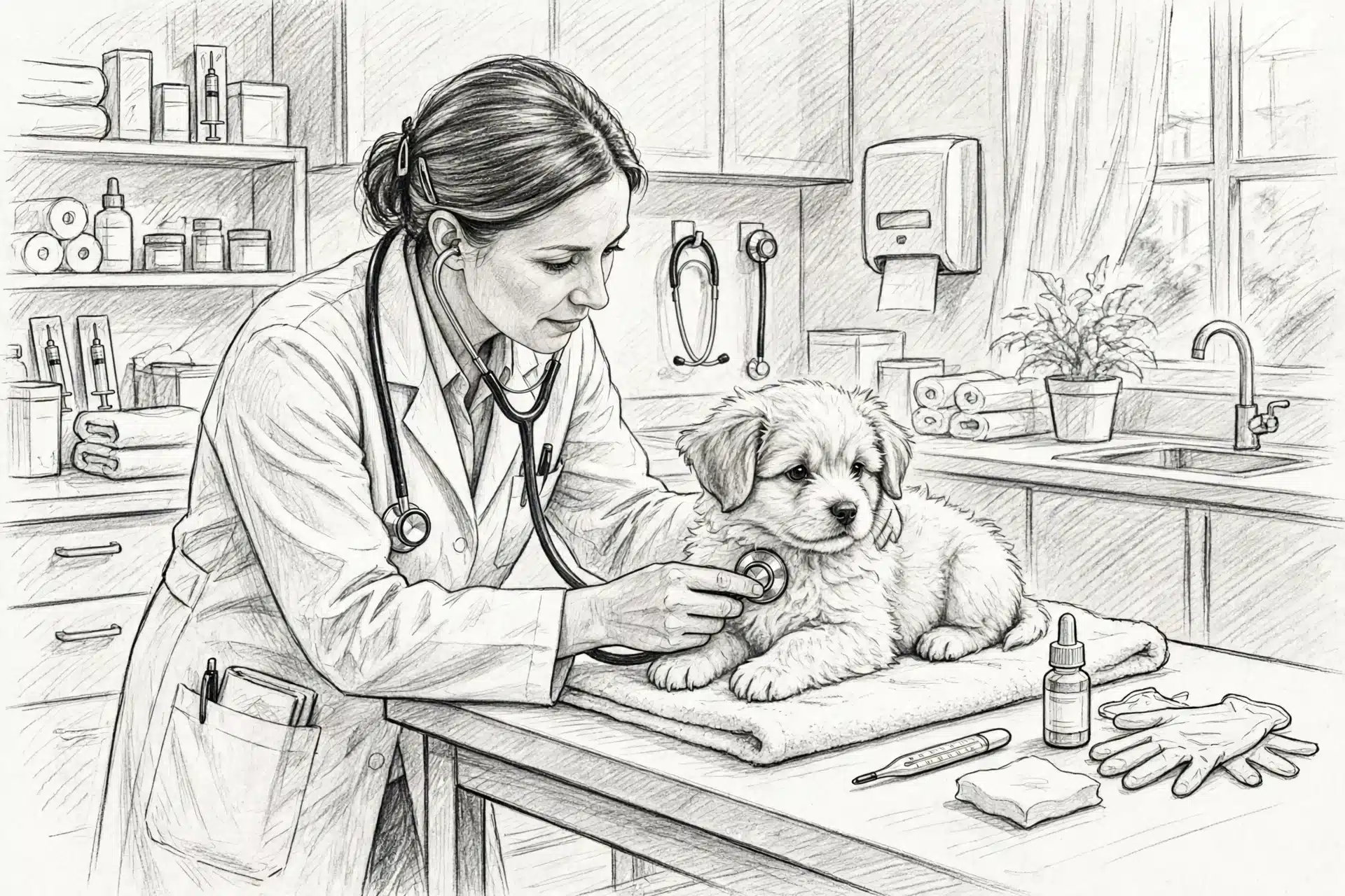 Veterinarian examining fluffy puppy on clinic table