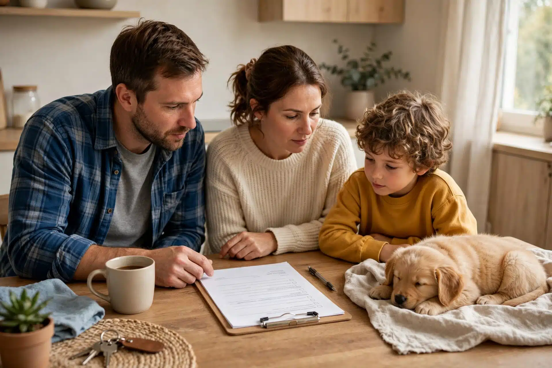 Family reviewing puppy reservation agreement with puppy nearby