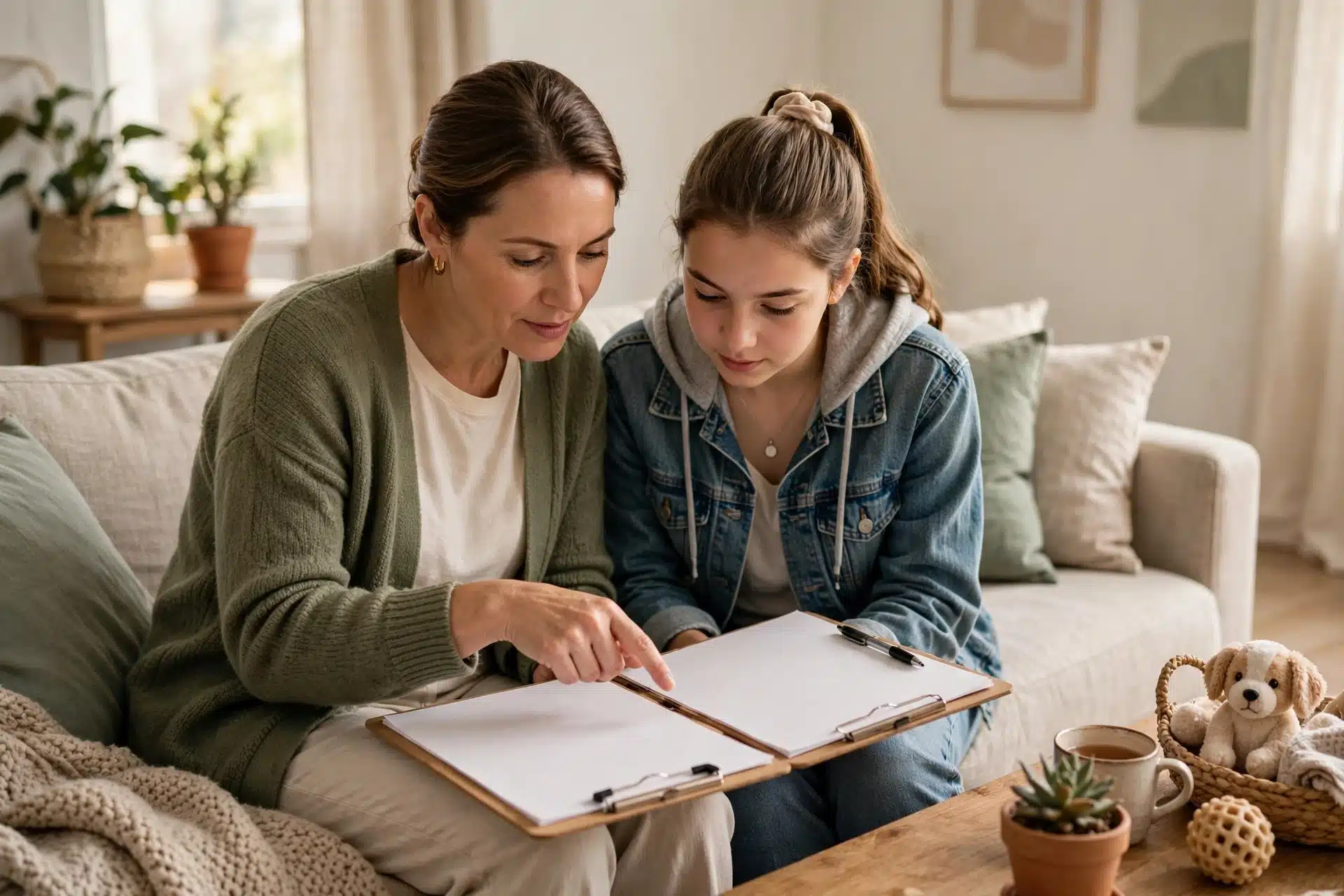 Mother and daughter reviewing puppy agreement on couch