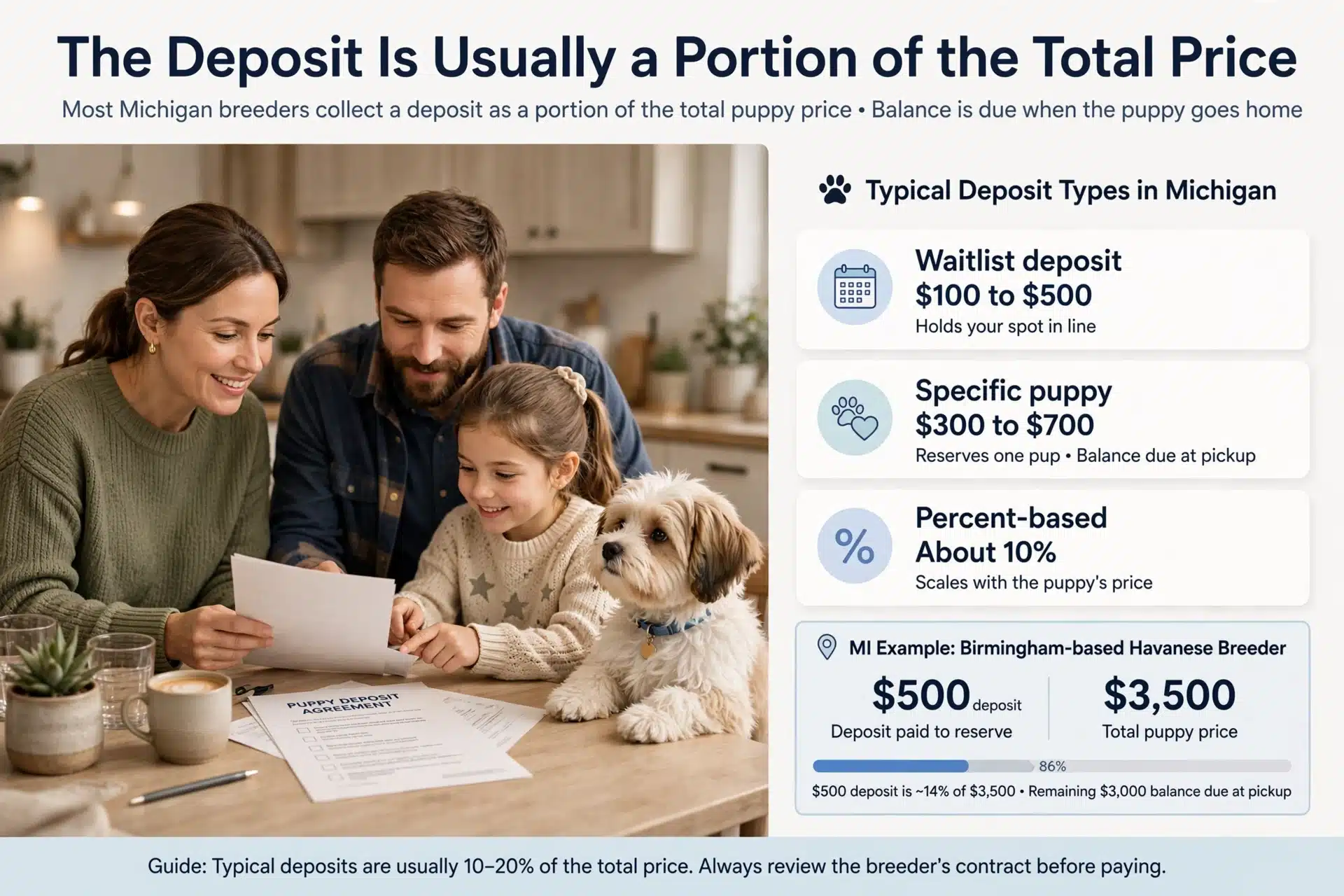 Family reviewing puppy deposit agreement at kitchen table