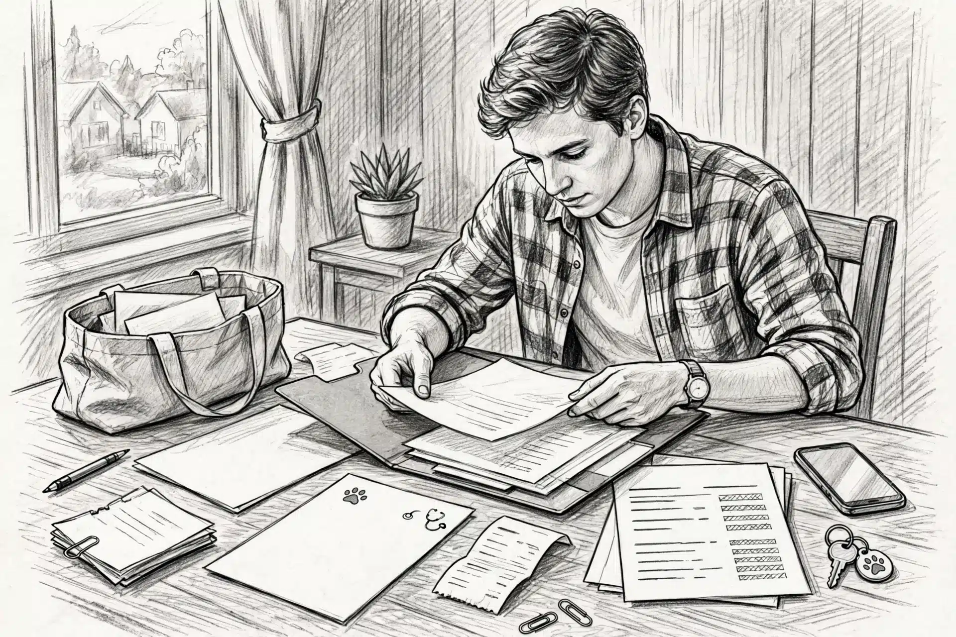 Pencil sketch of buyer organizing puppy deposit receipts