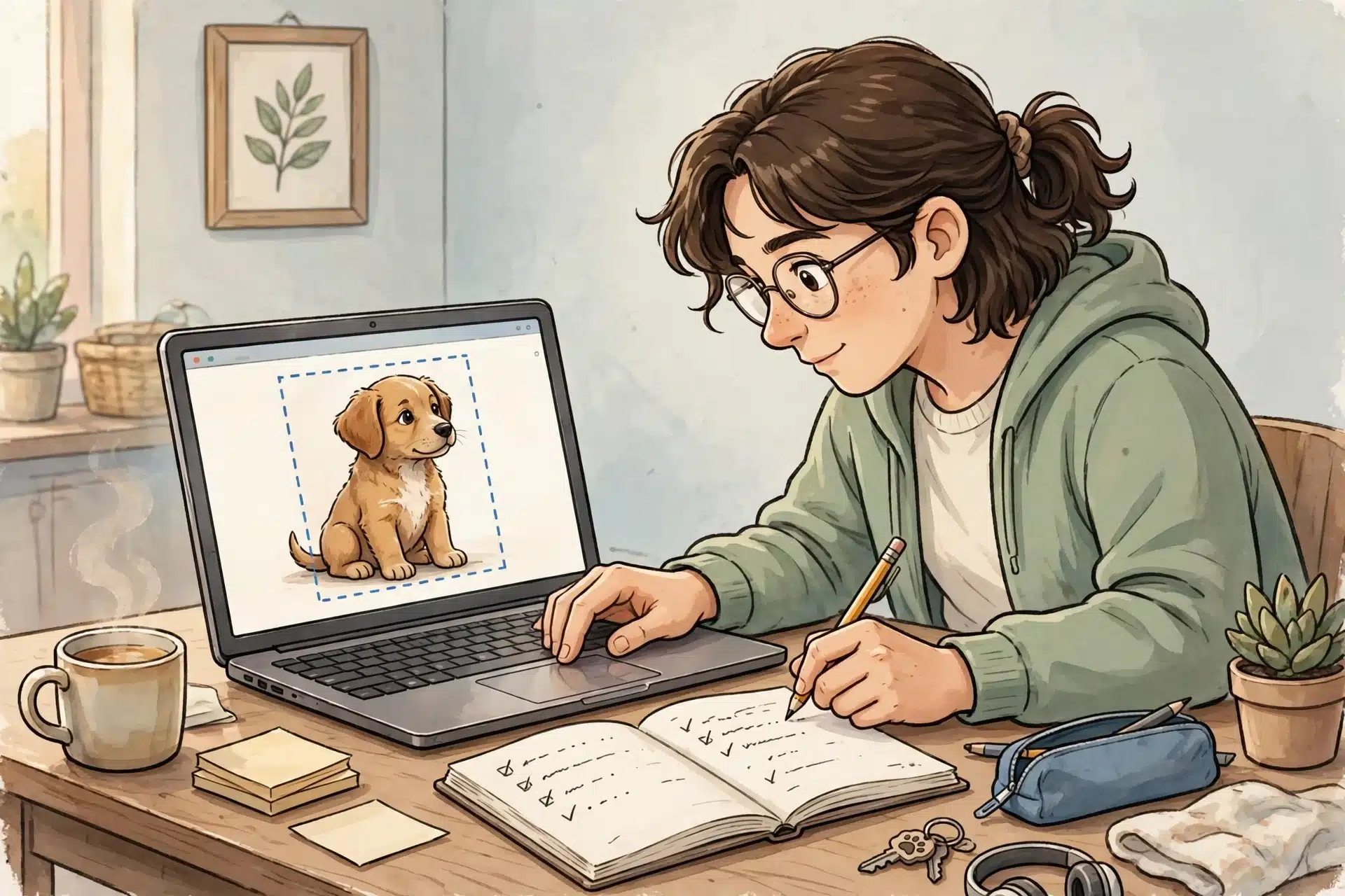 A person screenshotting a puppy listing beside notes